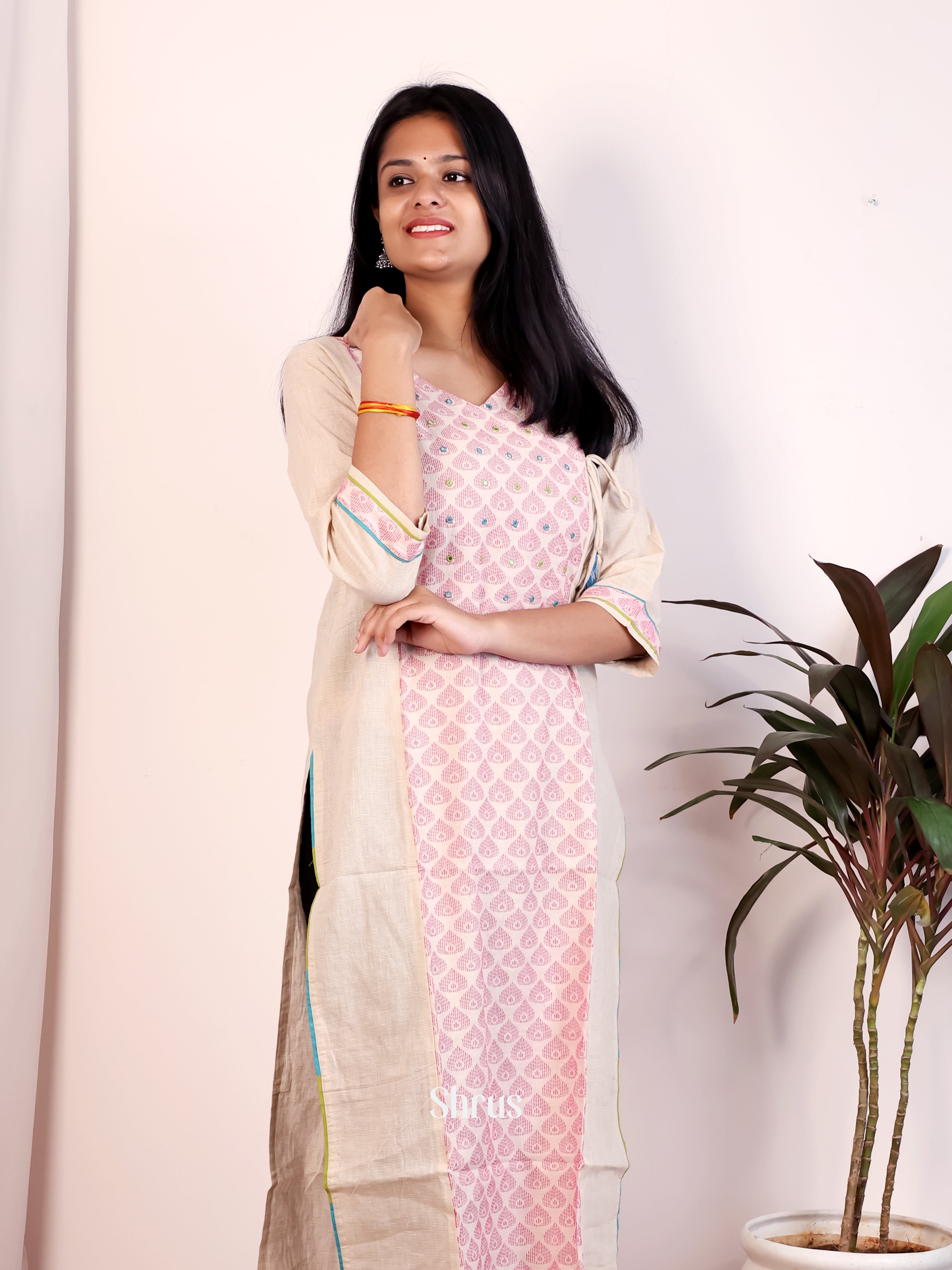 Cream & Pink- Readymade kurti - Shop on Shrus.com