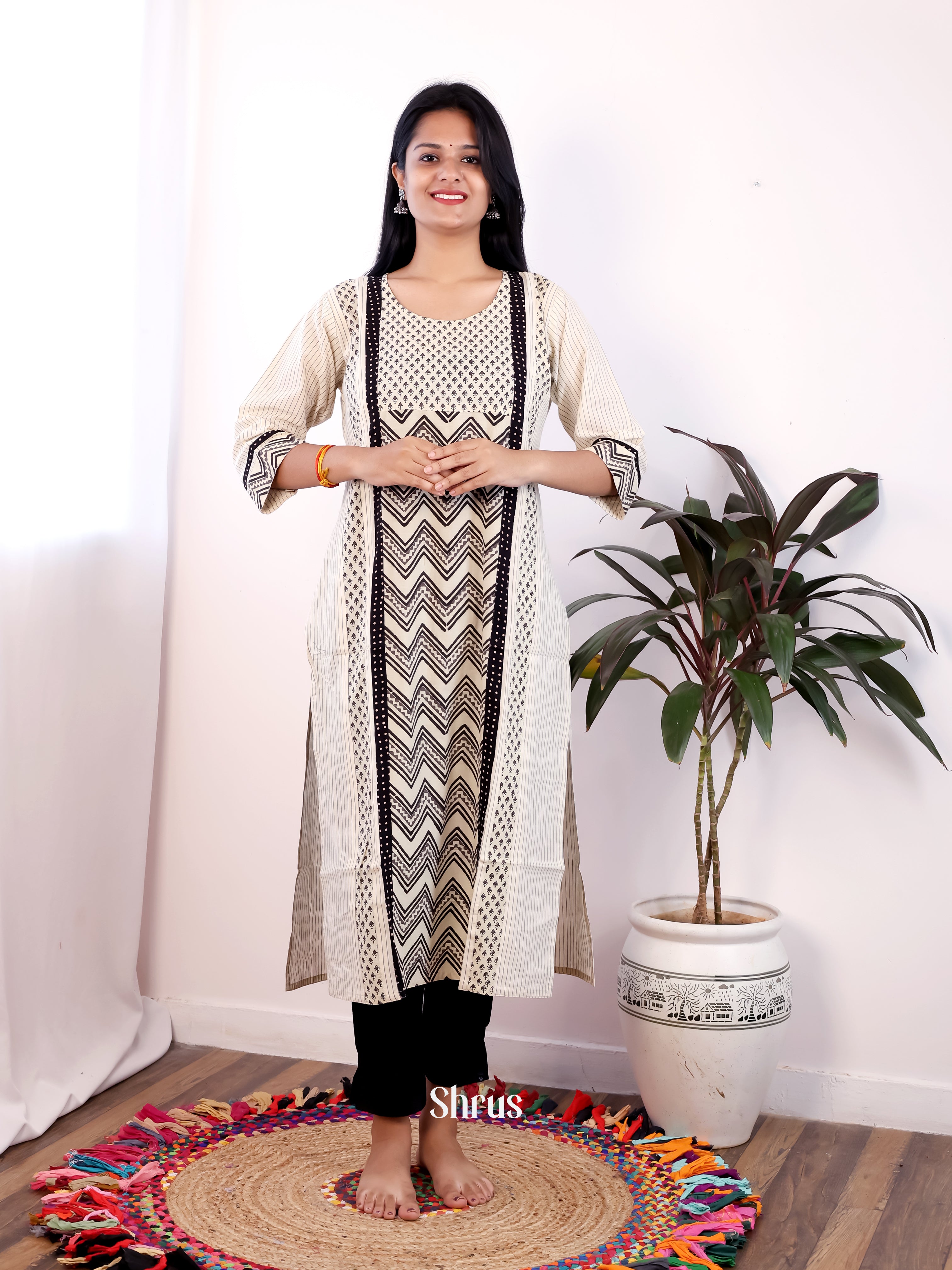 Cream & Black - Readymade Kurti - Shop on Shrus.com