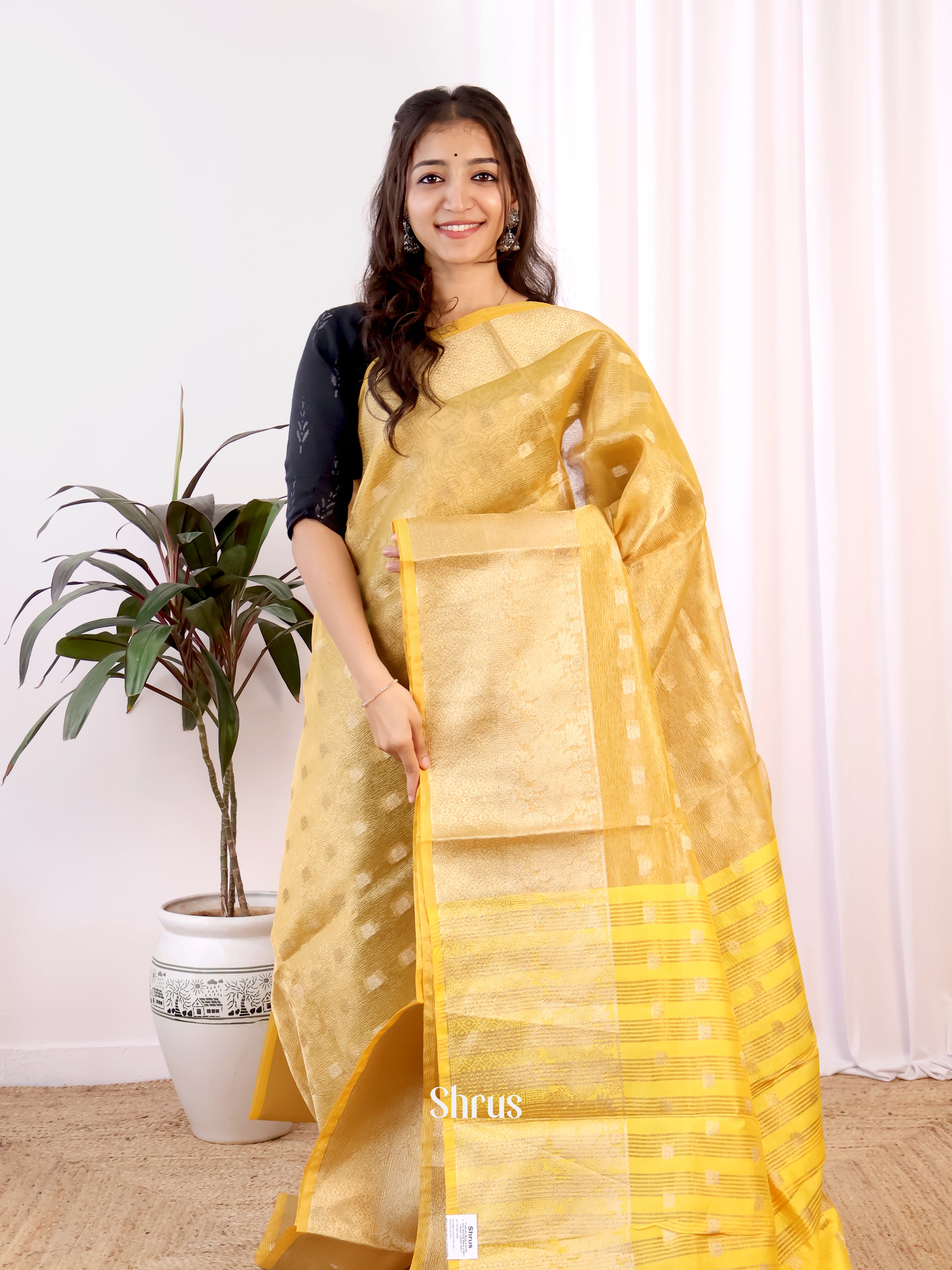 Golden Yellow - Bamboo silk Saree - Shop on Shrus.com