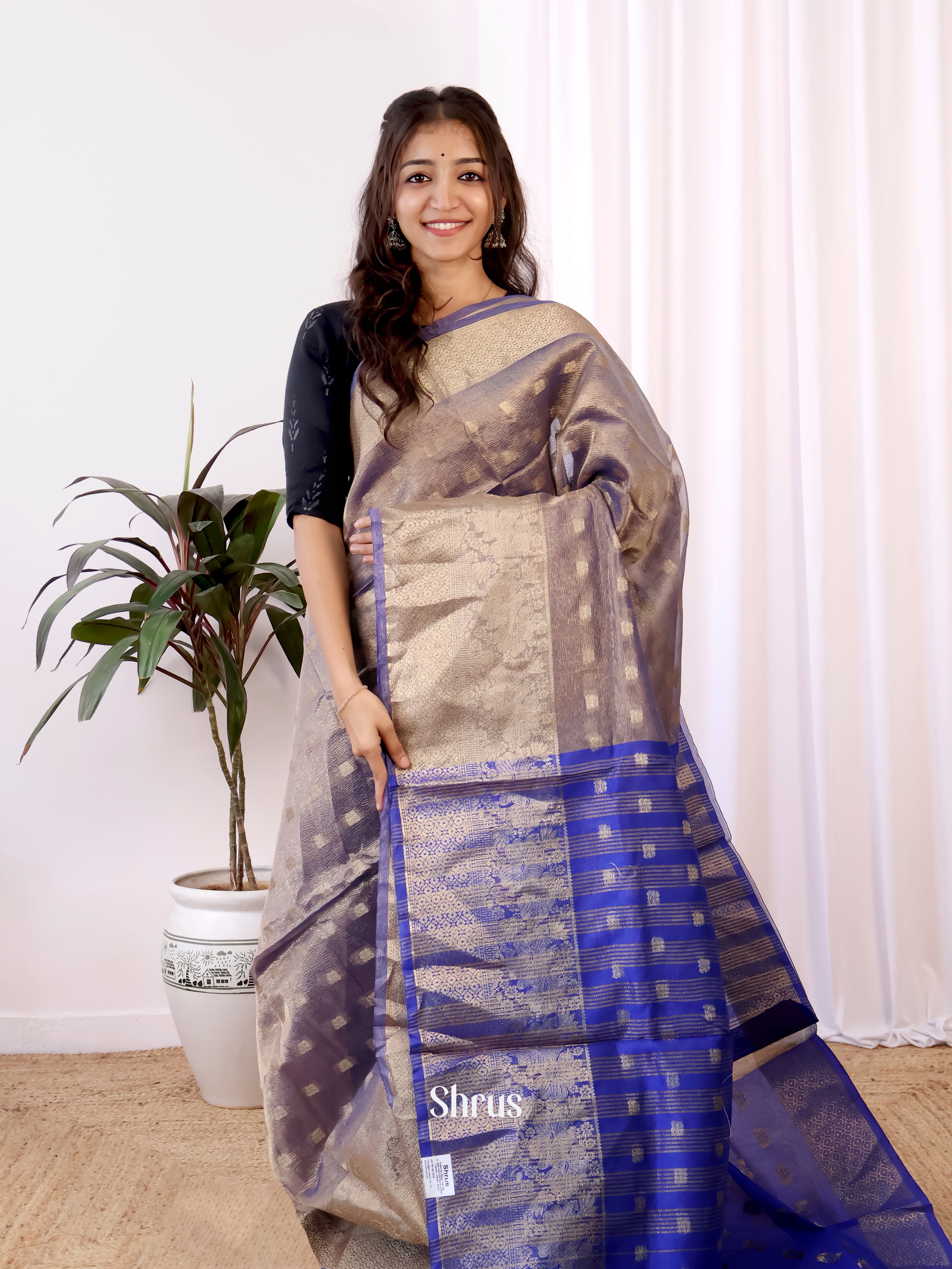 Grey & Blue - Bamboo silk Saree - Shop on Shrus.com
