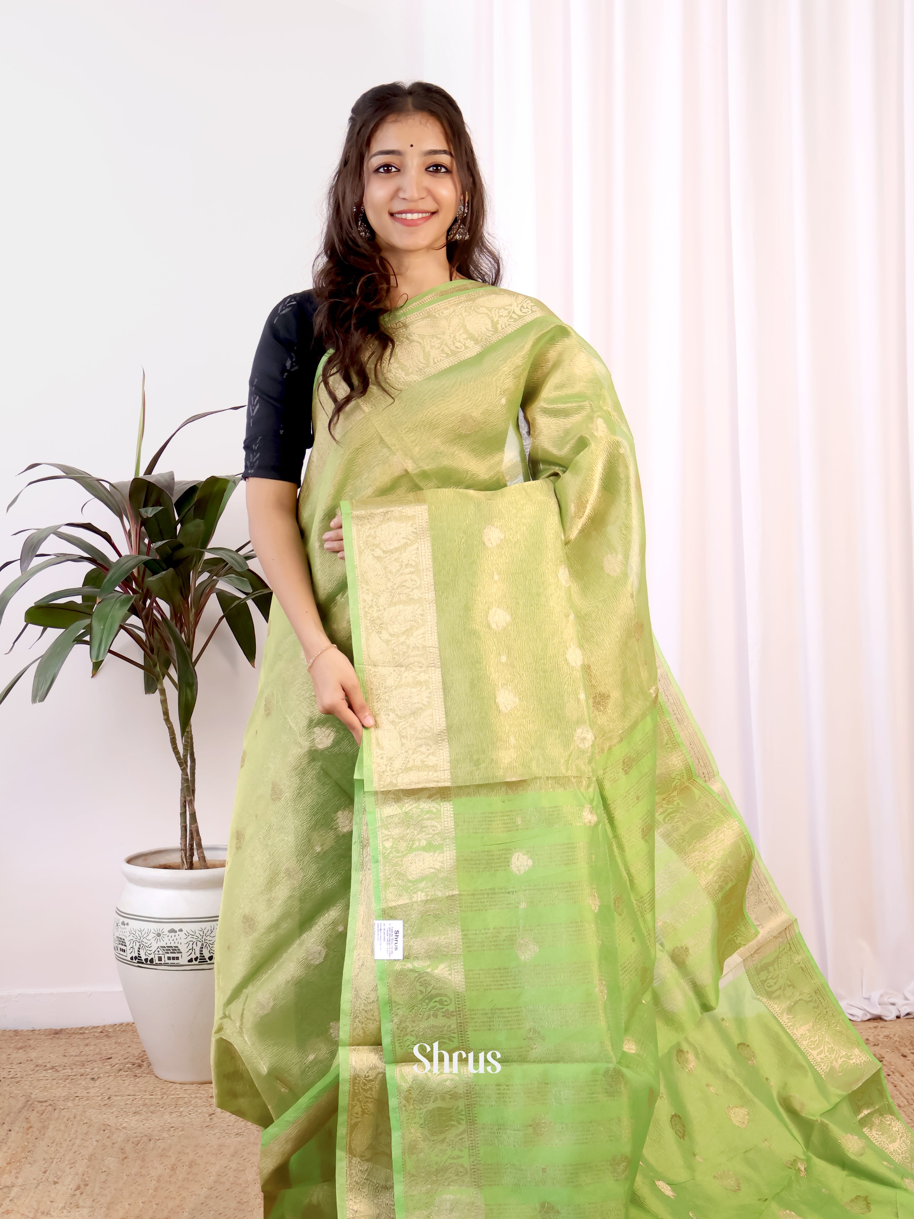 Lime Green - Bamboo silk Saree - Shop on Shrus.com