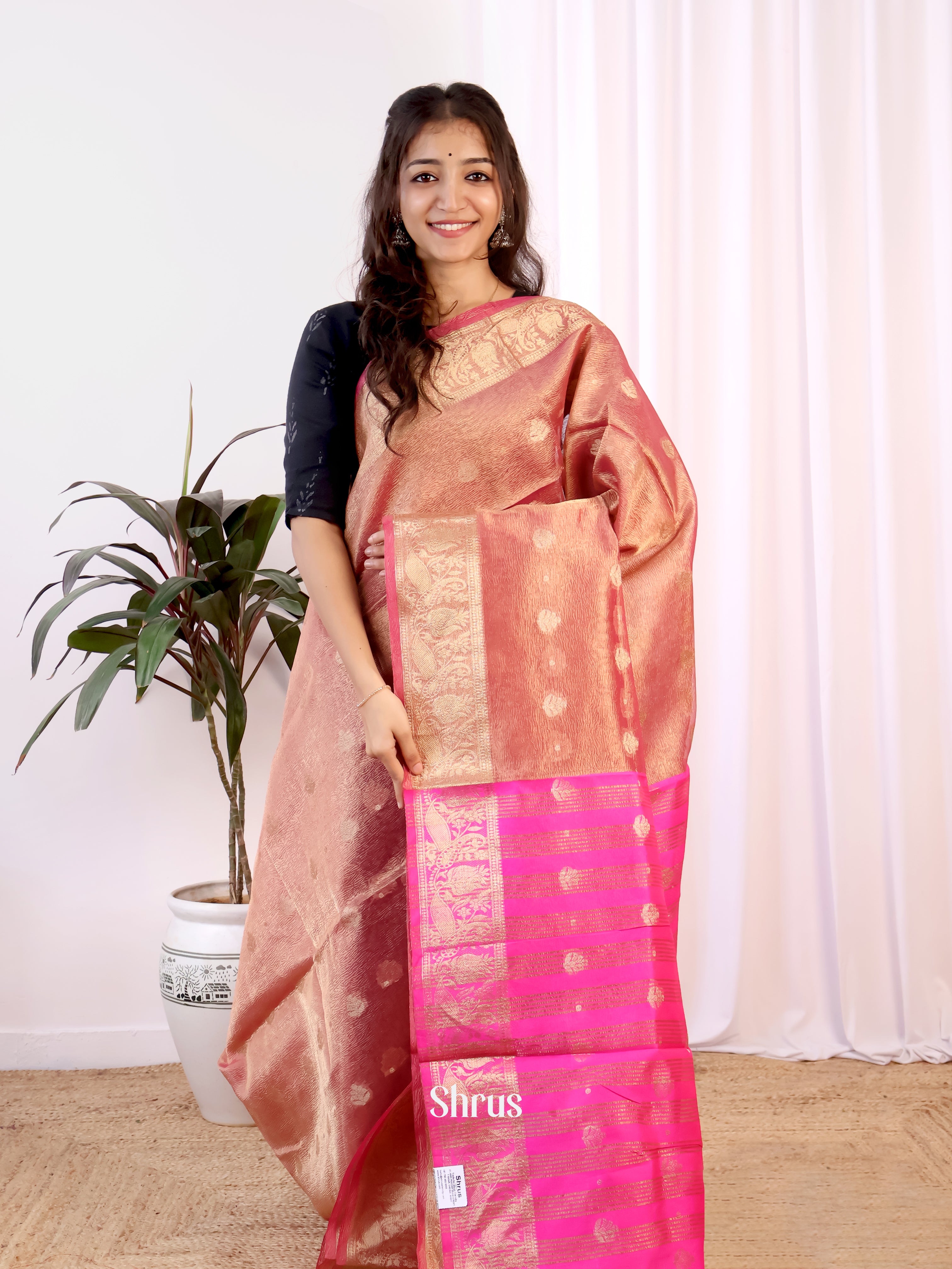 Golden & Pink - Bamboo silk Saree - Shop on Shrus.com