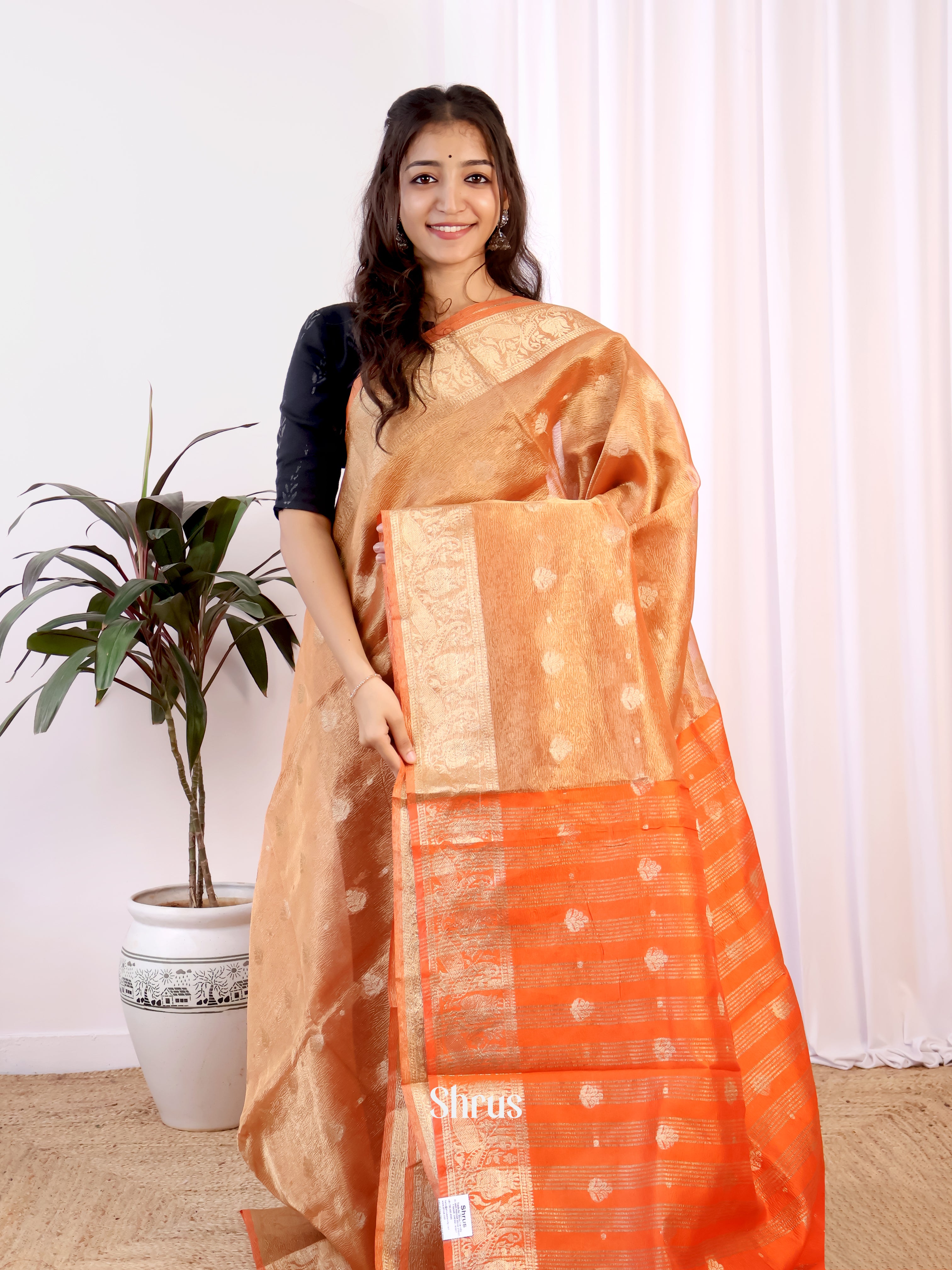 Orange - Bamboo silk Saree - Shop on Shrus.com