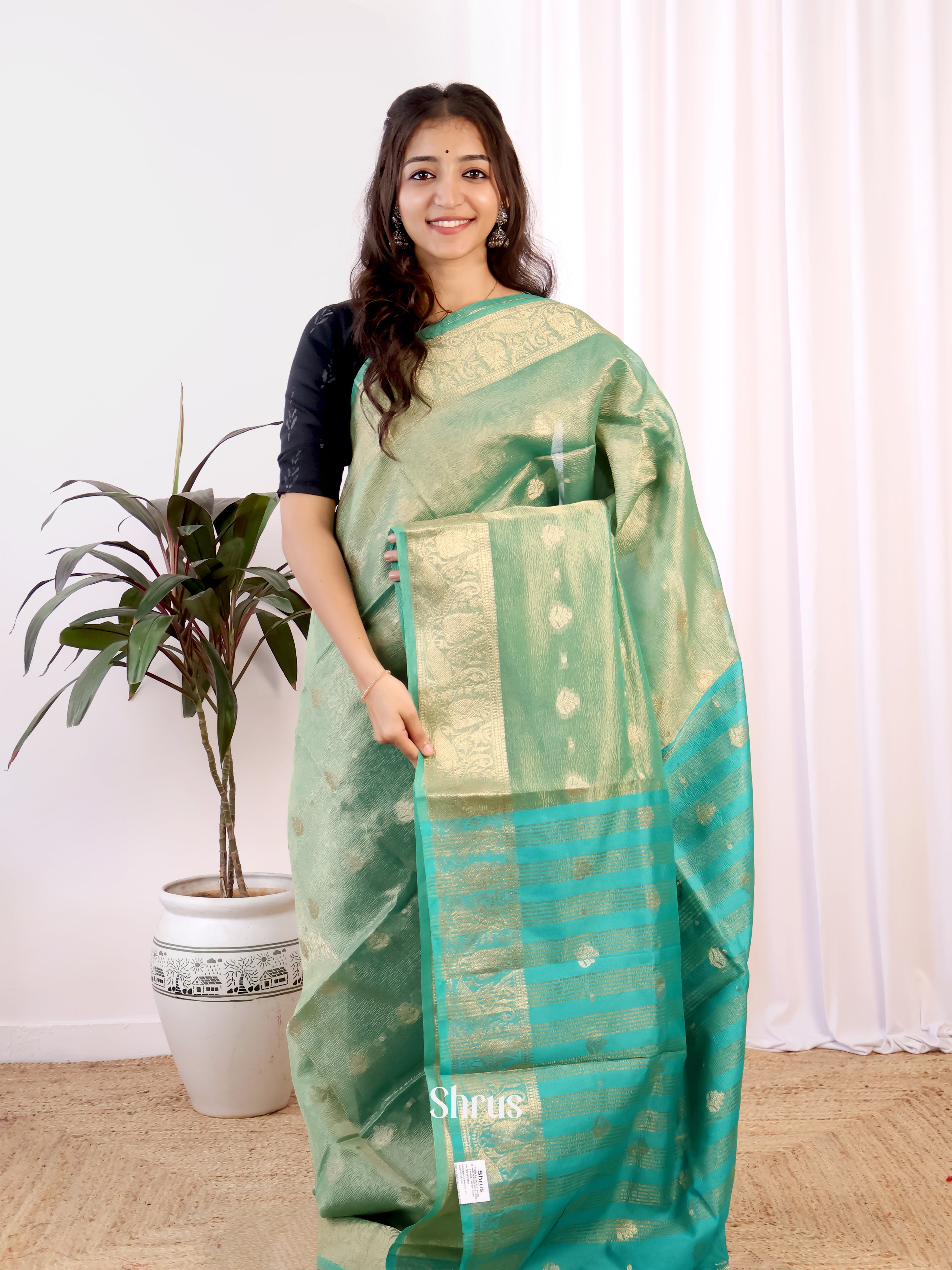 Green & Teal - Bamboo silk Saree - Shop on Shrus.com