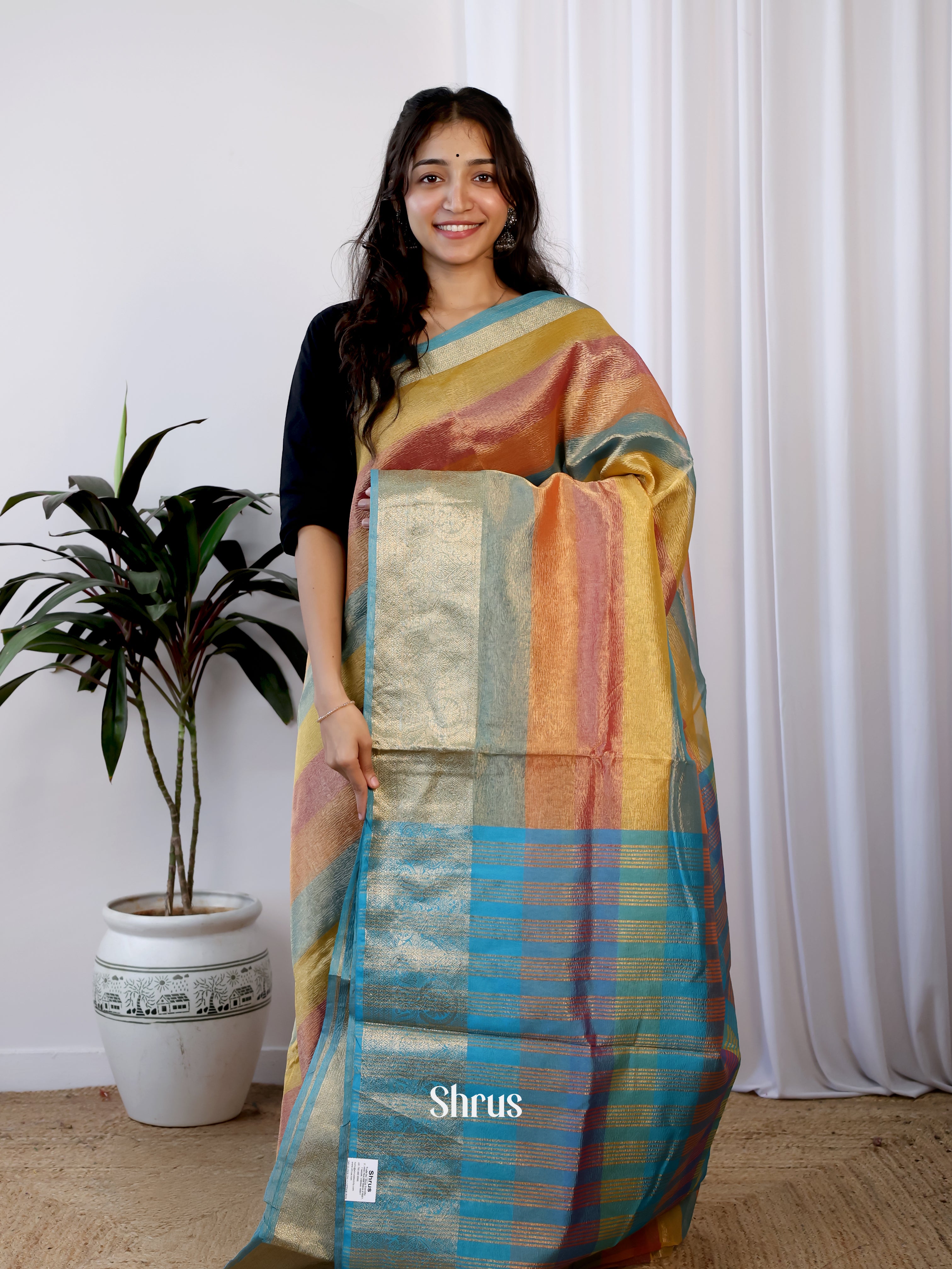 Multicolor & Blue - Bamboo silk Saree - Shop on Shrus.com