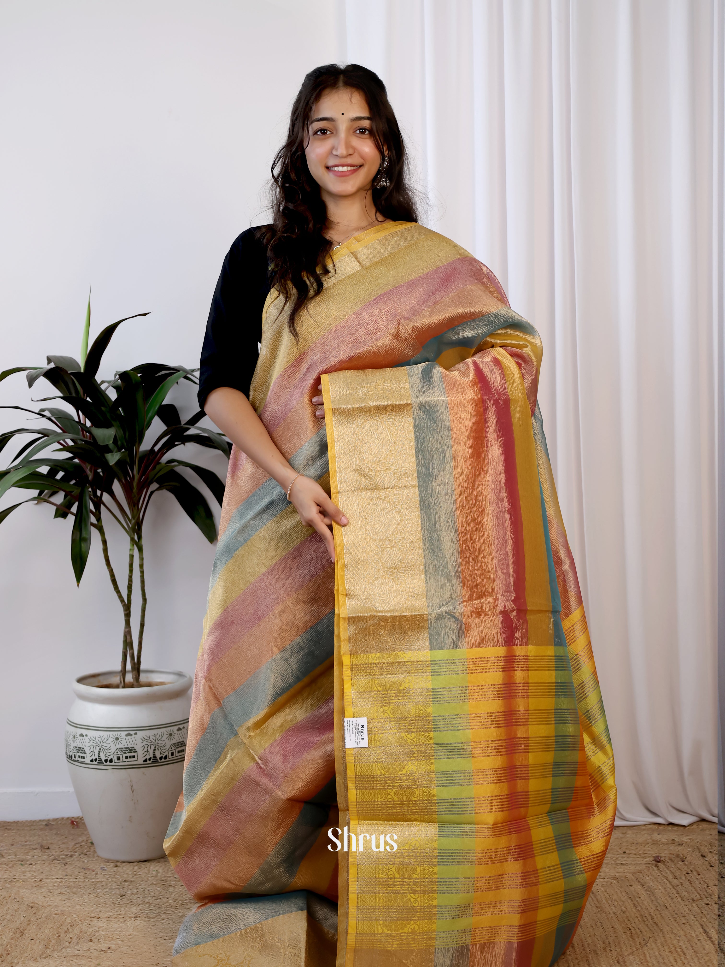 Multicolor &Green - Bamboo silk Saree - Shop on Shrus.com
