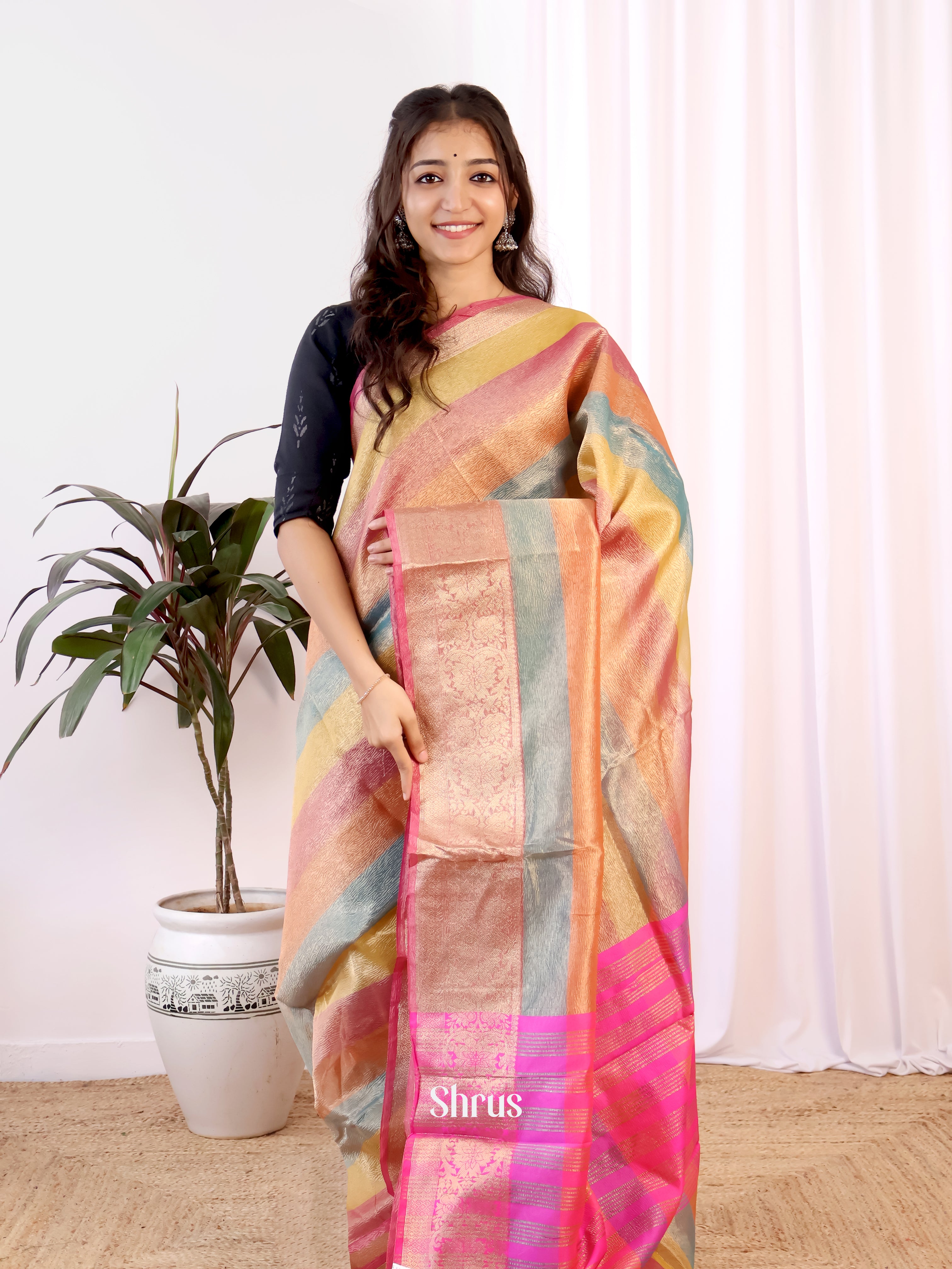 Multi Coloured With Pink - Bamboo silk Saree - Shop on Shrus.com