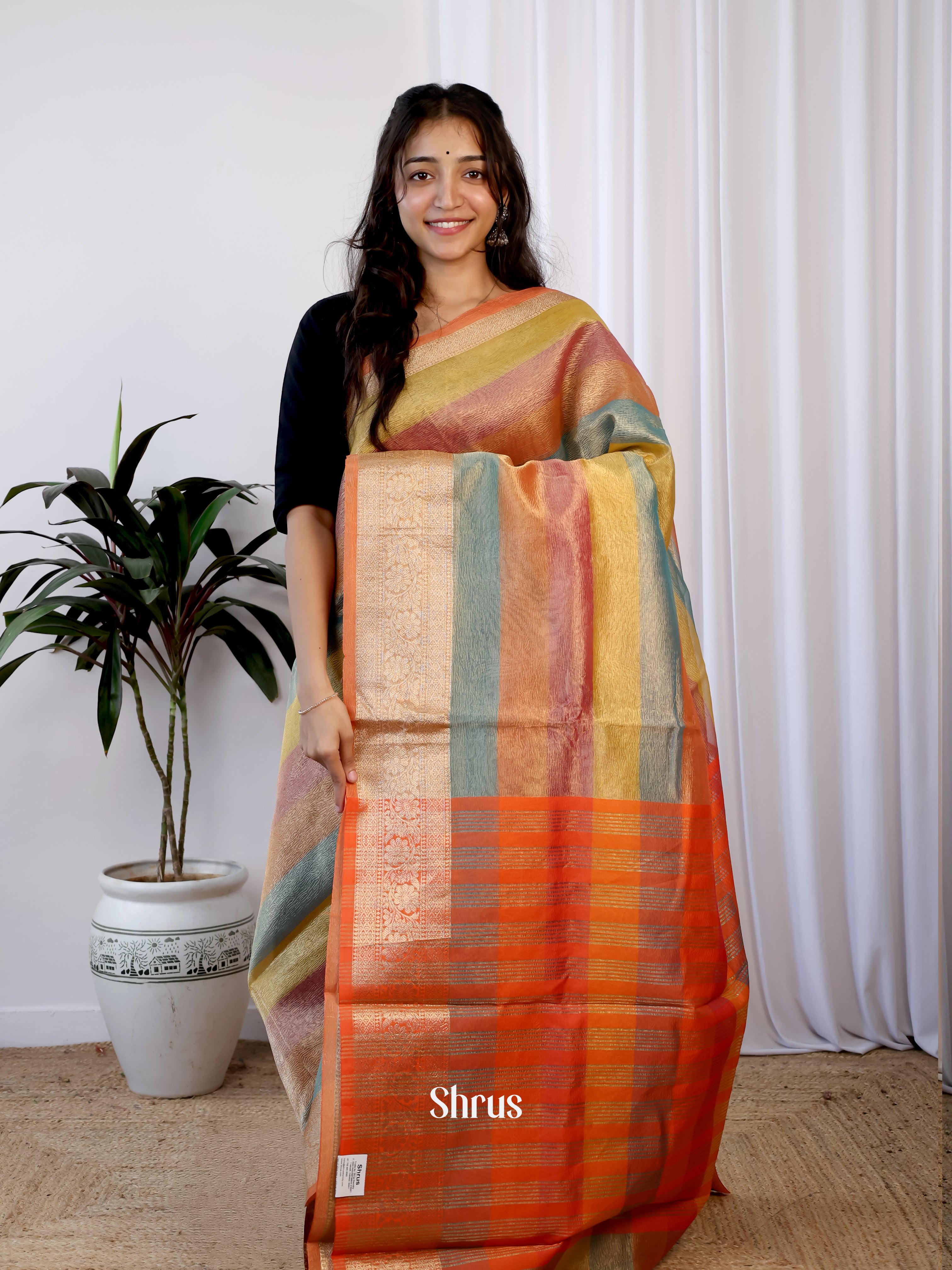 Multicolor & Orange - Bamboo silk Saree - Shop on Shrus.com