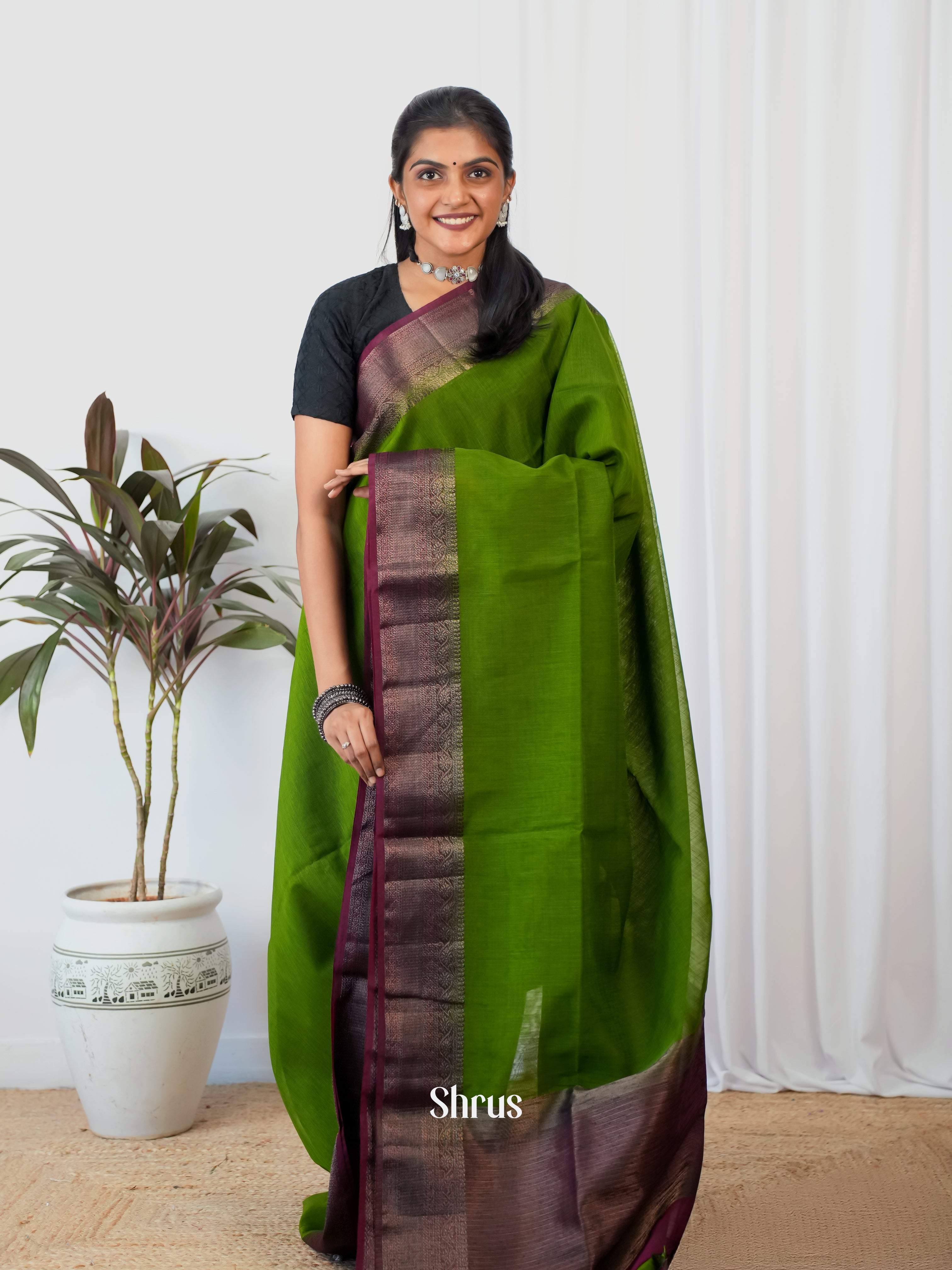 Green & Brown - Semi Jute Saree - Shop on Shrus.com