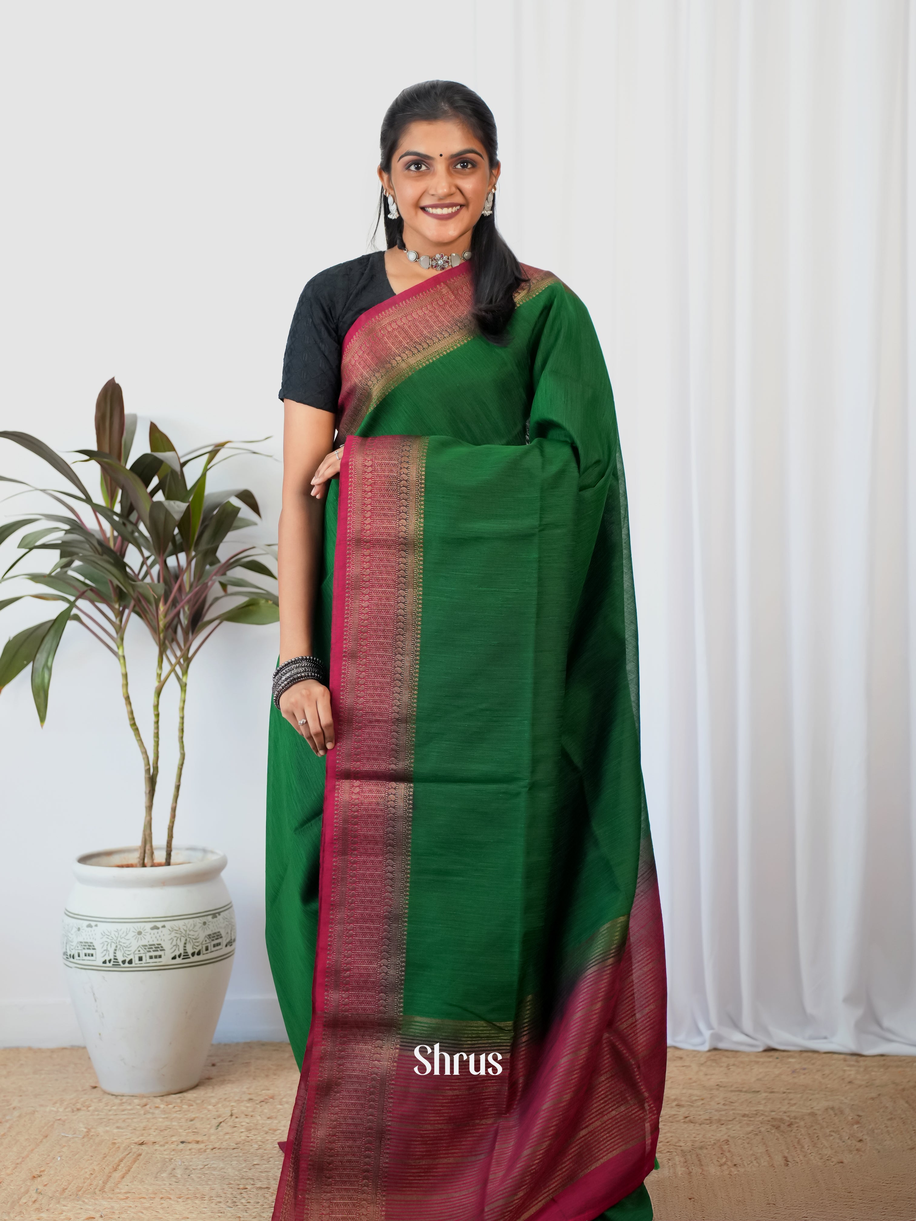 Green & Maroon - Semi Jute Saree - Shop on Shrus.com