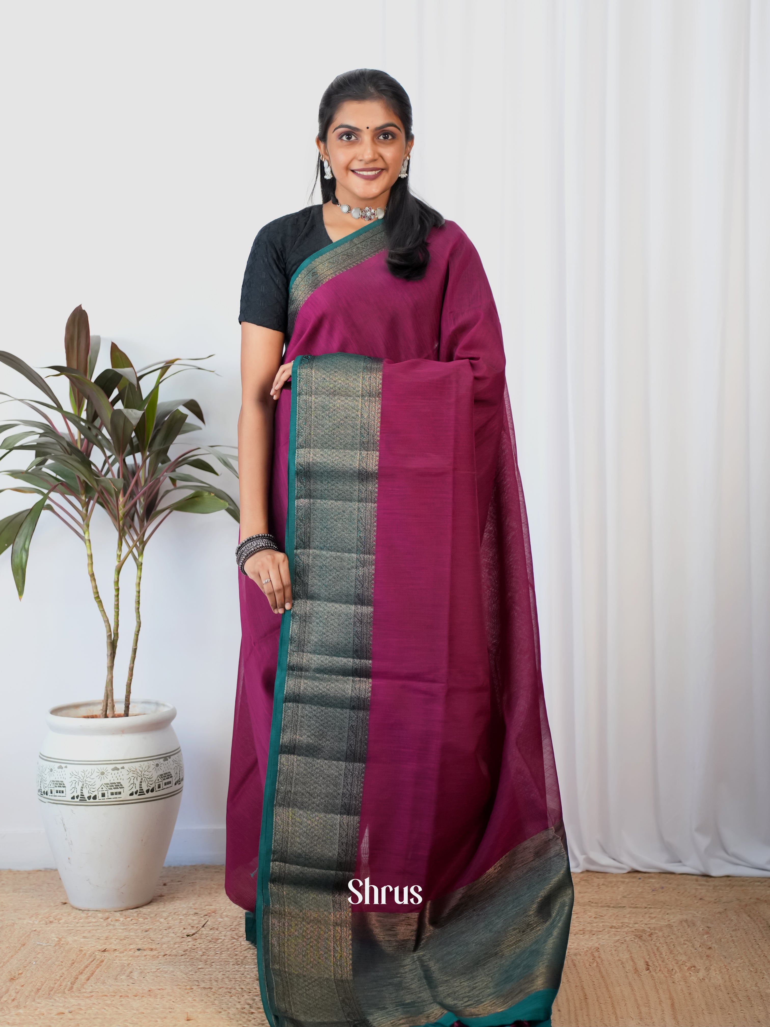 Purple & Blue- Semi Jute Saree - Shop on Shrus.com