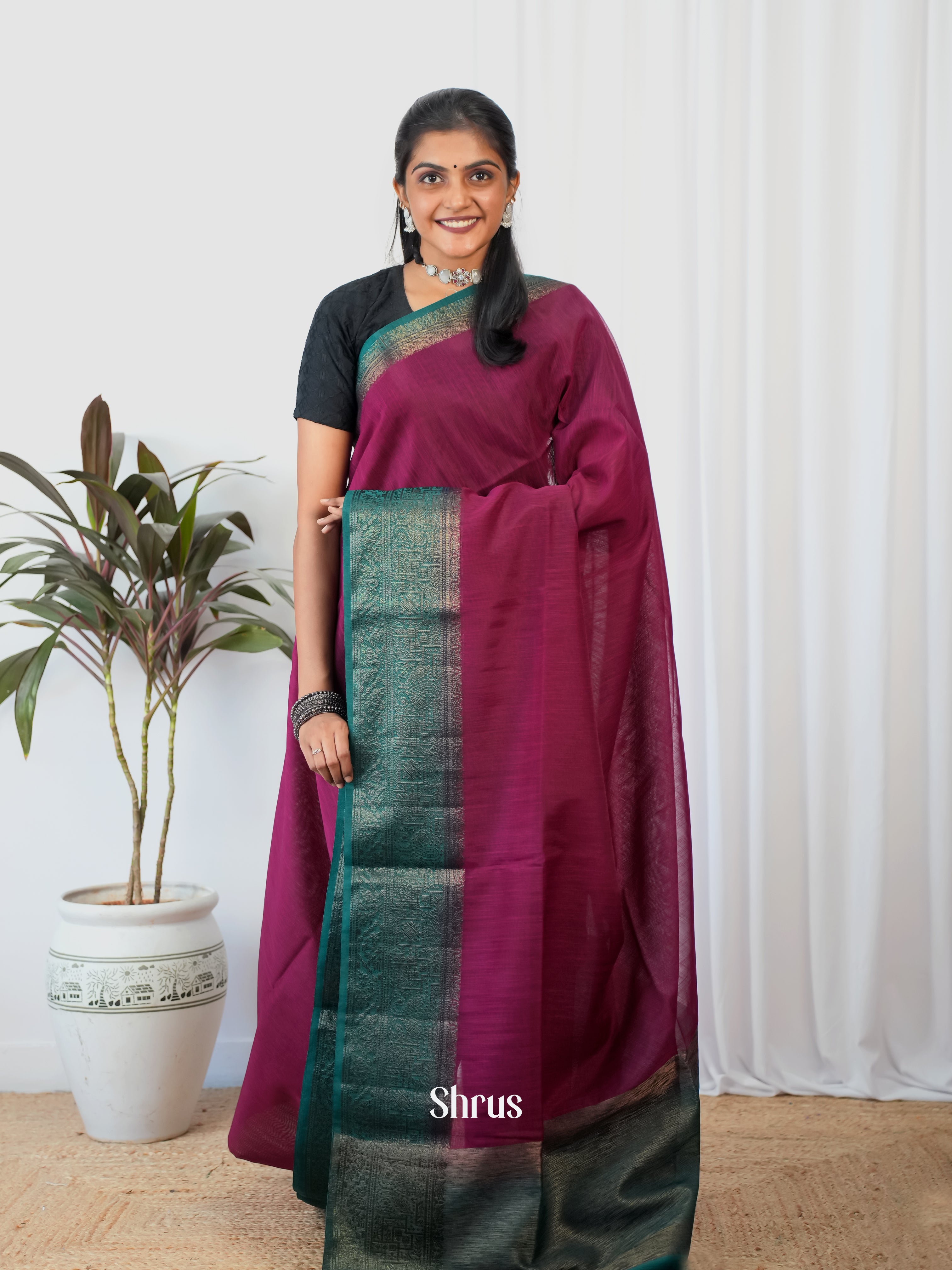 Purple & Blue - Semi Jute Saree - Shop on Shrus.com