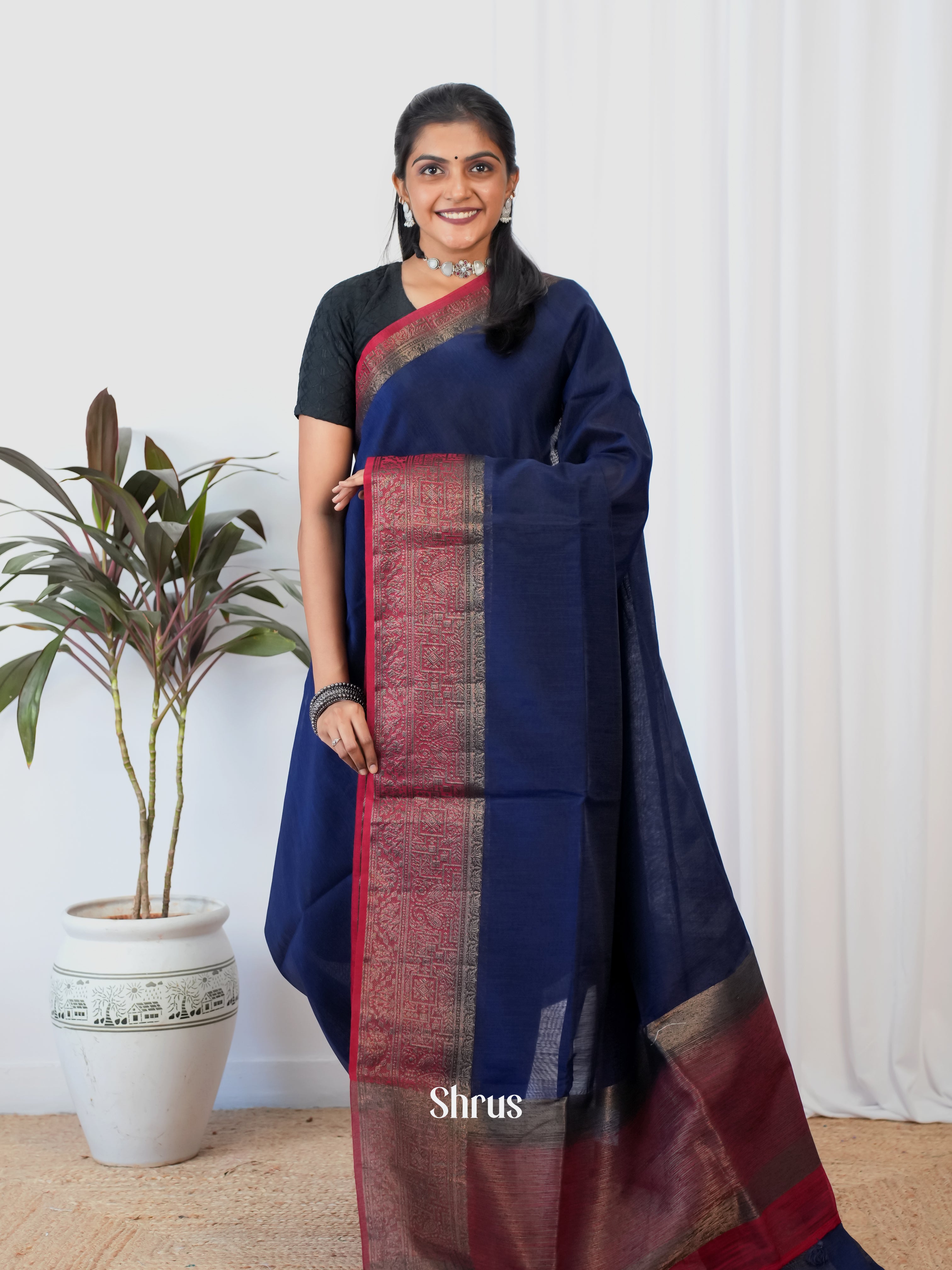 Blue & Maroon - Semi Jute Saree - Shop on Shrus.com