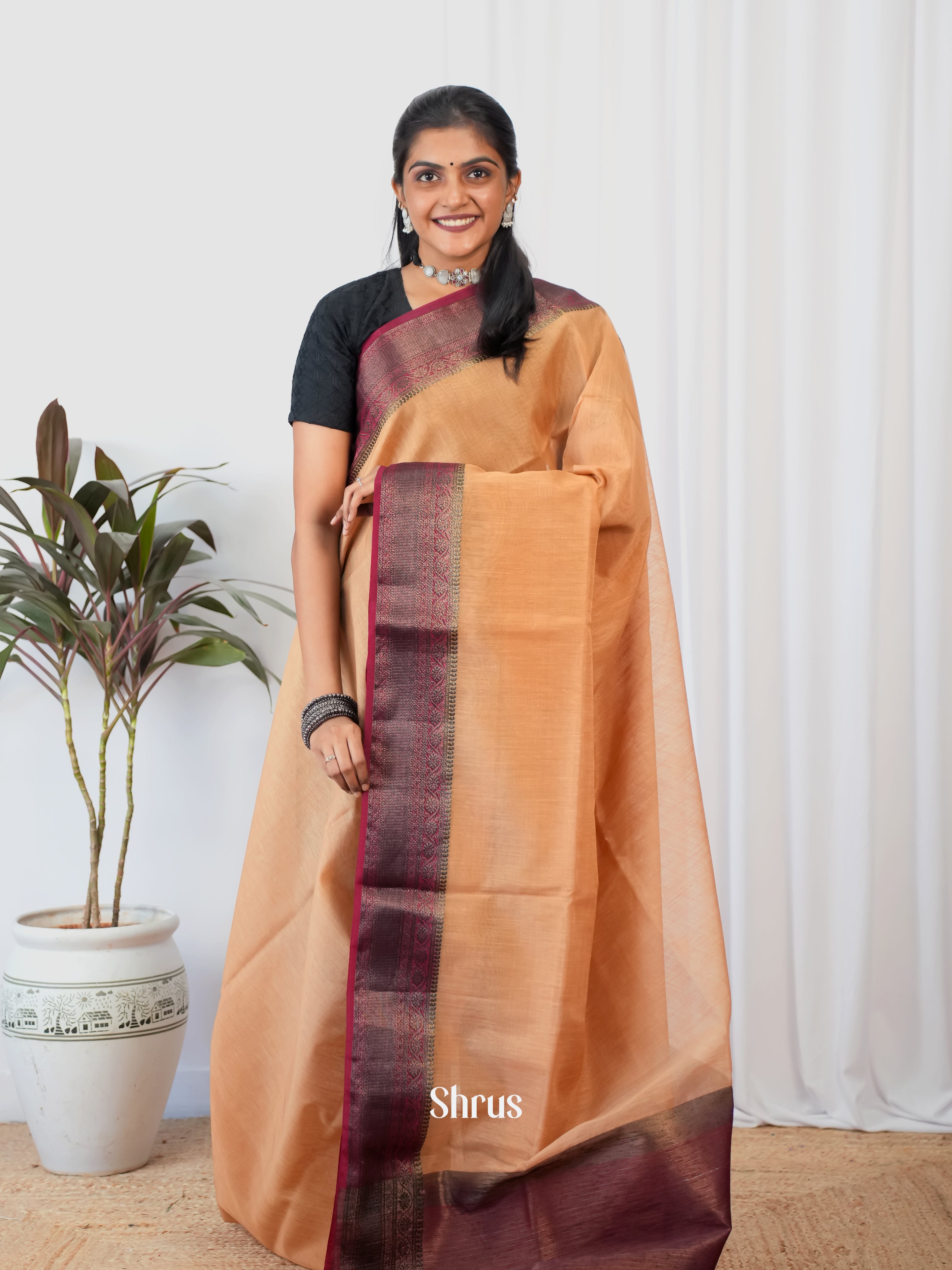 Beige & Brown- Semi Jute Saree - Shop on Shrus.com