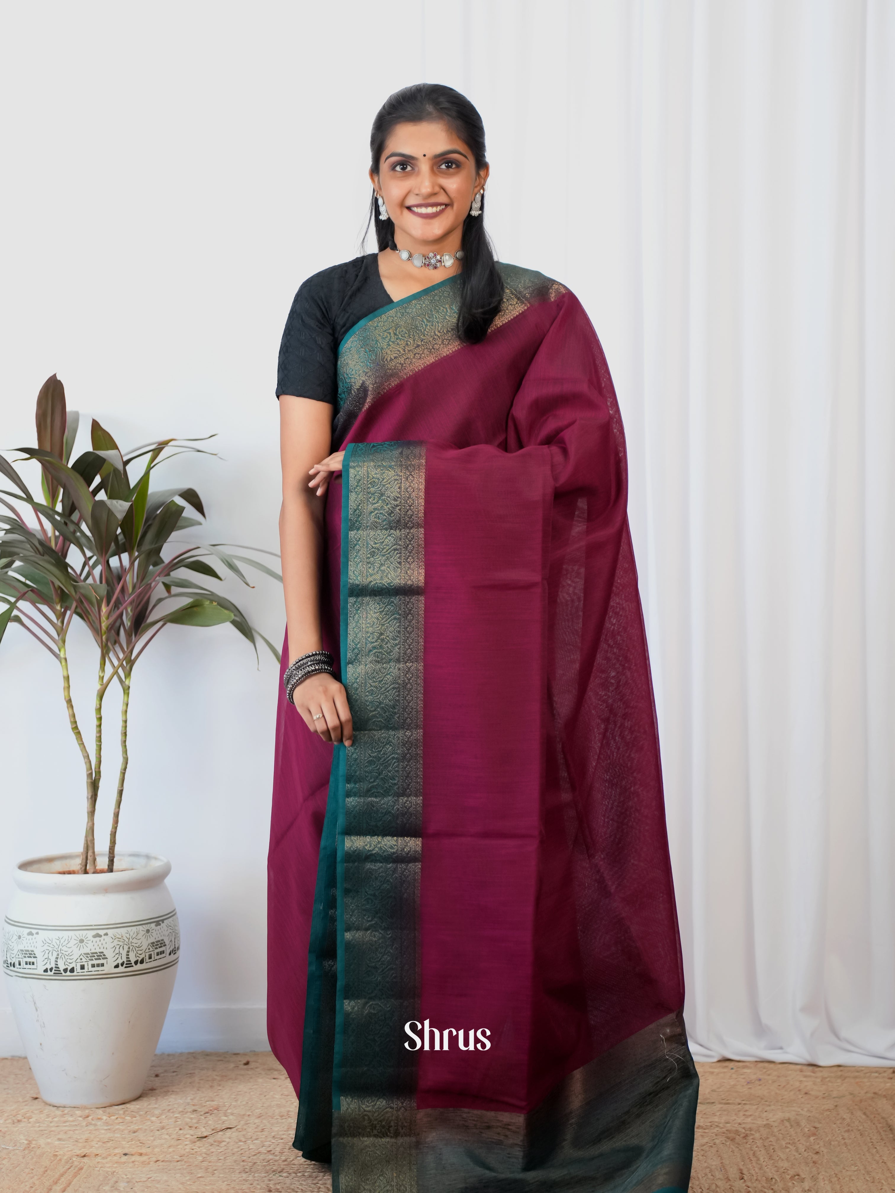 Maroon & Blue - Semi Jute Saree - Shop on Shrus.com