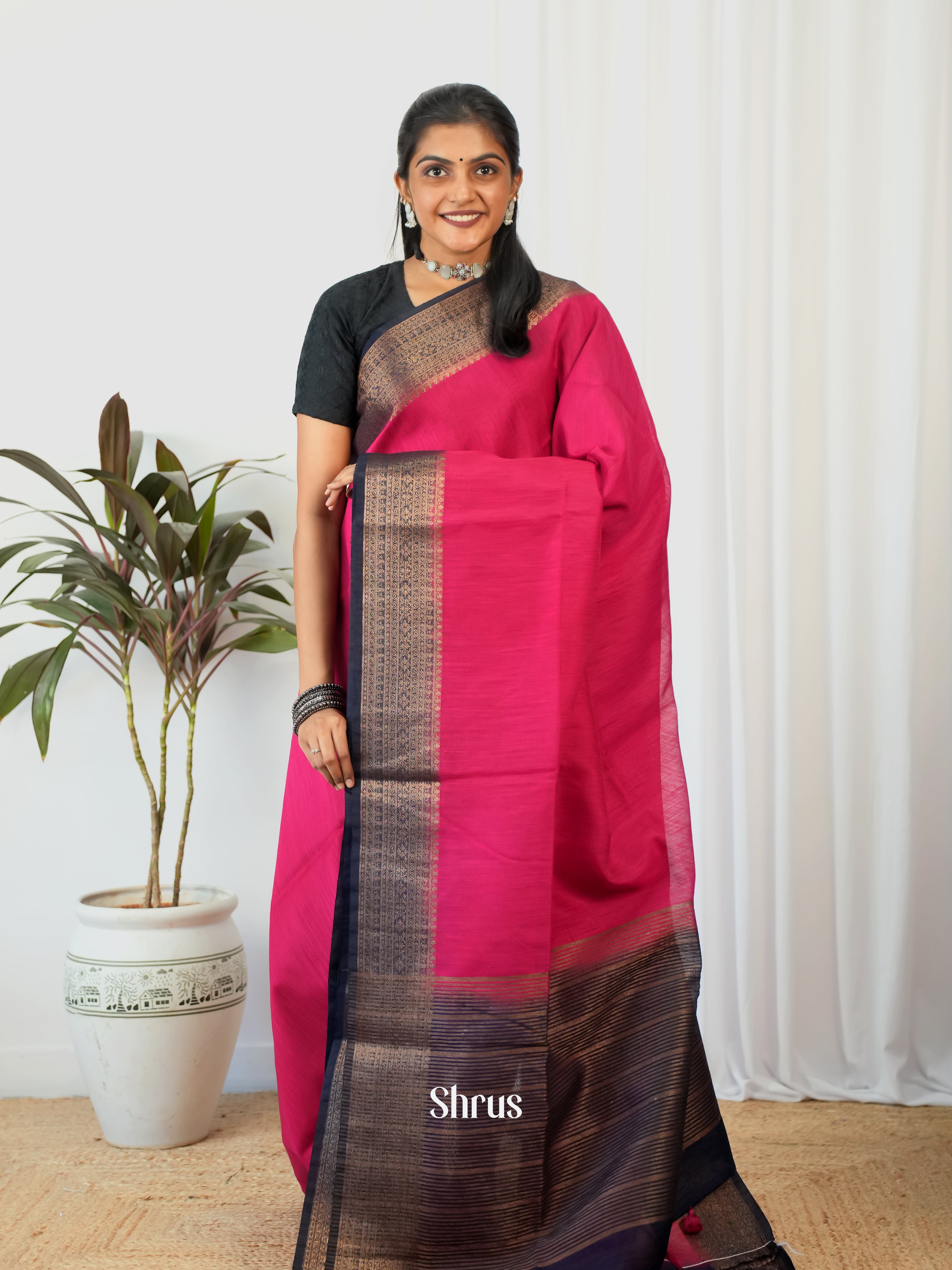 Pink & Blue - Semi Jute Saree - Shop on Shrus.com