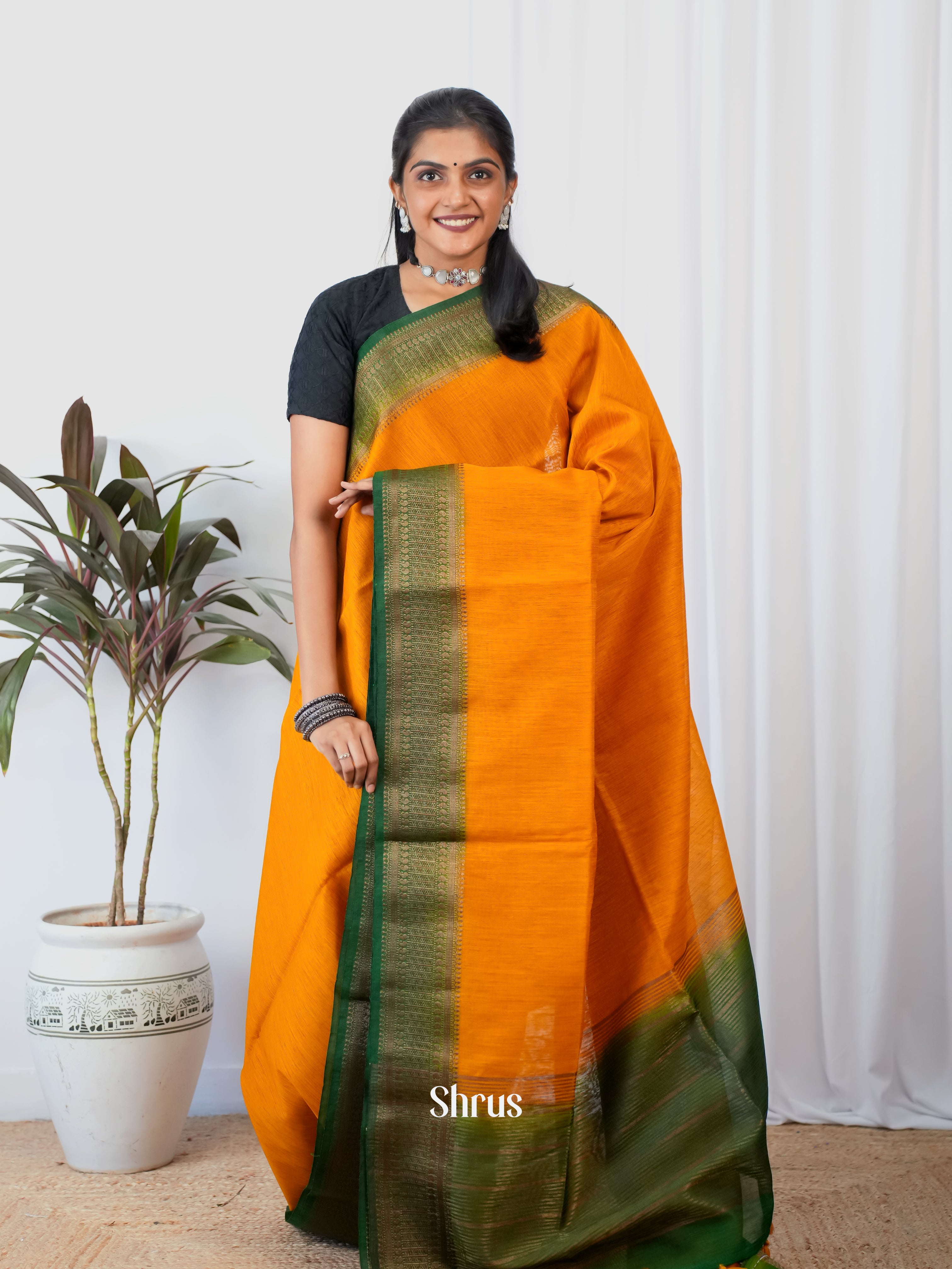Orange & Green - Semi Jute Saree - Shop on Shrus.com
