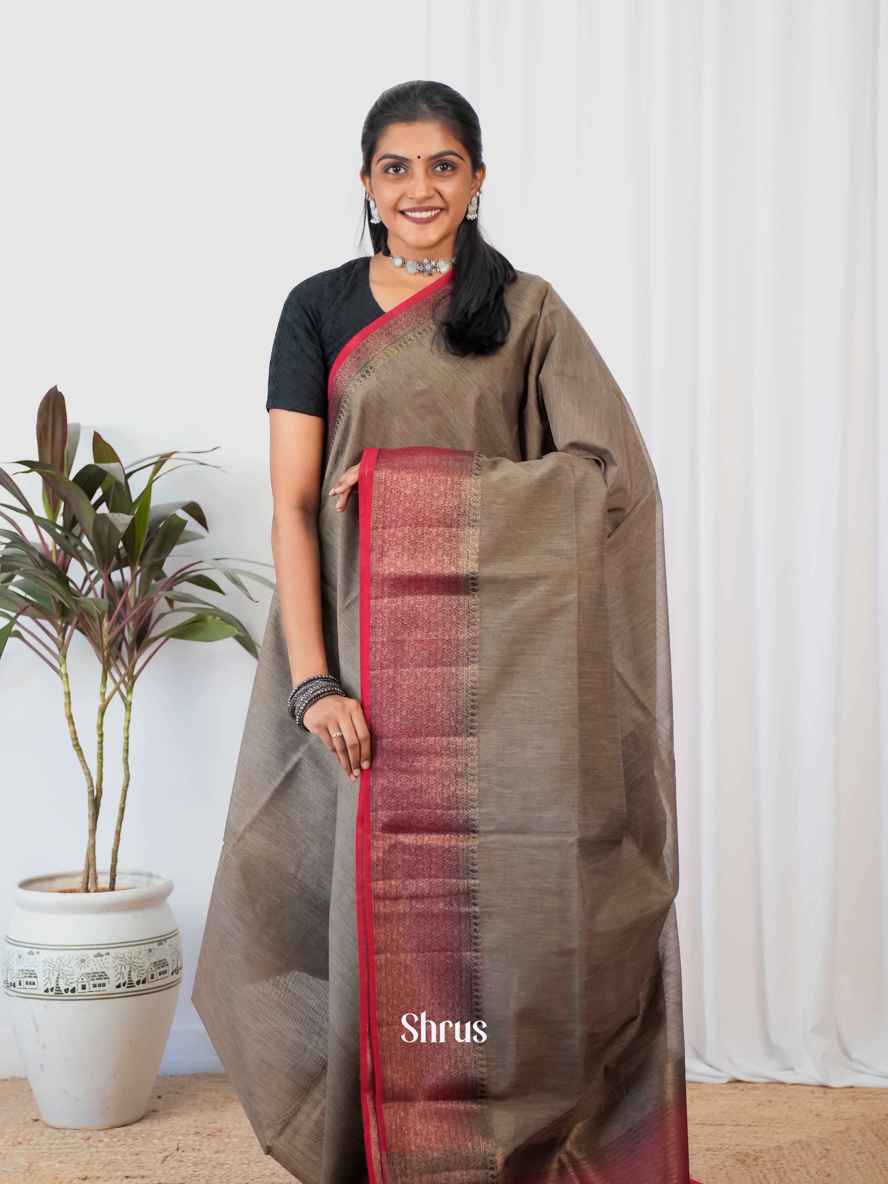 Grey & Maroon - Semi Jute Saree - Shop on Shrus.com