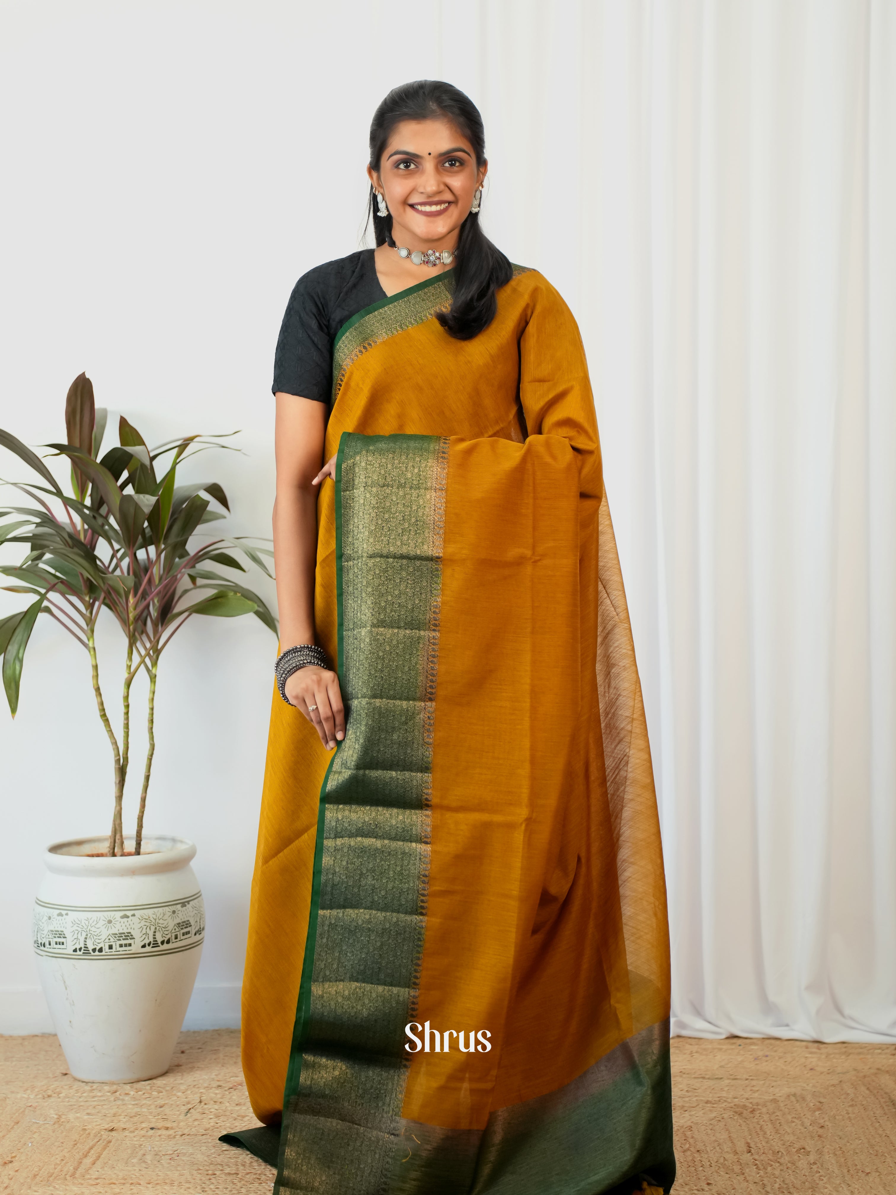 Brick & Green - Semi Jute Saree - Shop on Shrus.com