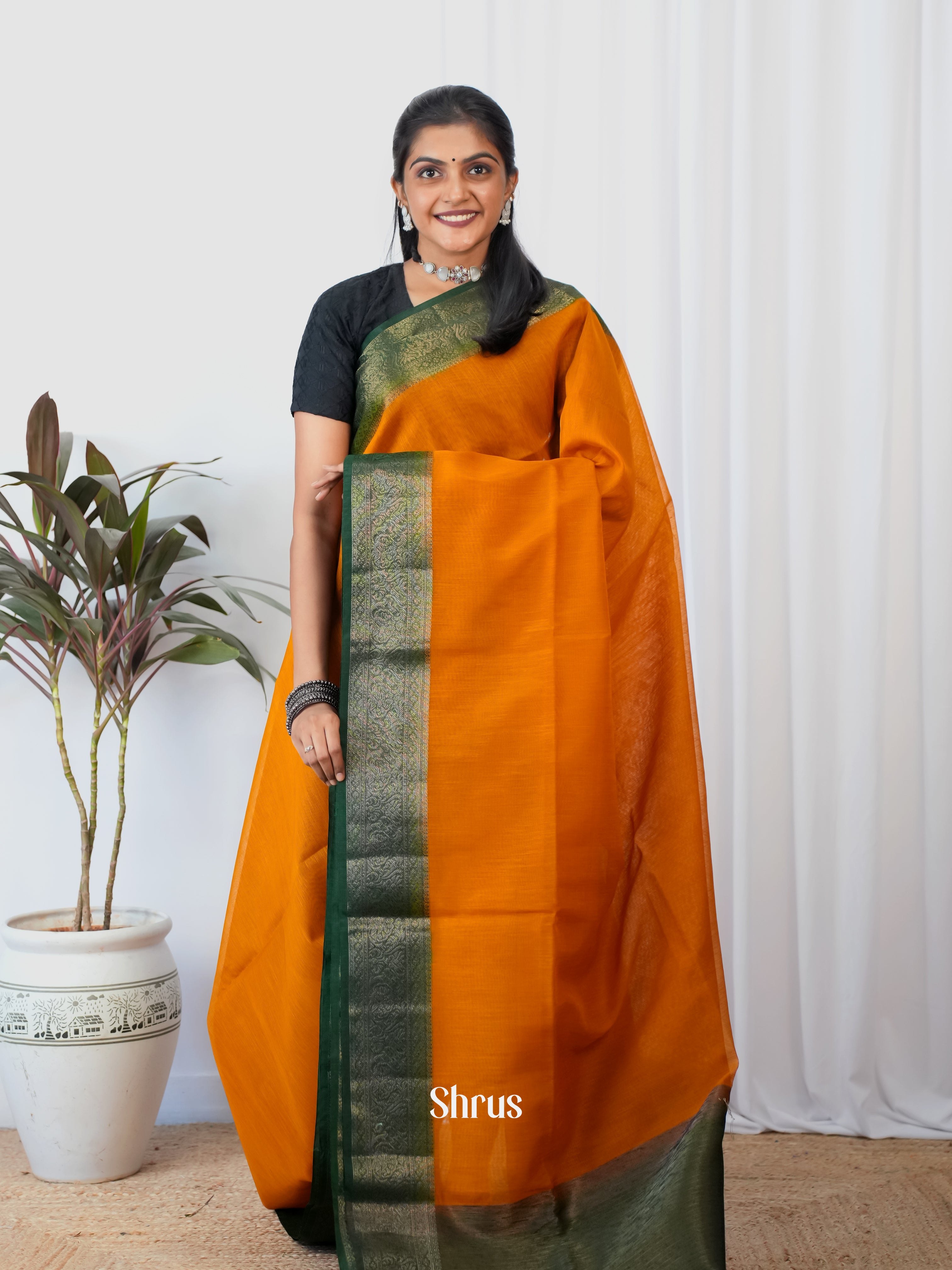 Orange & Green - Semi Jute Saree - Shop on Shrus.com