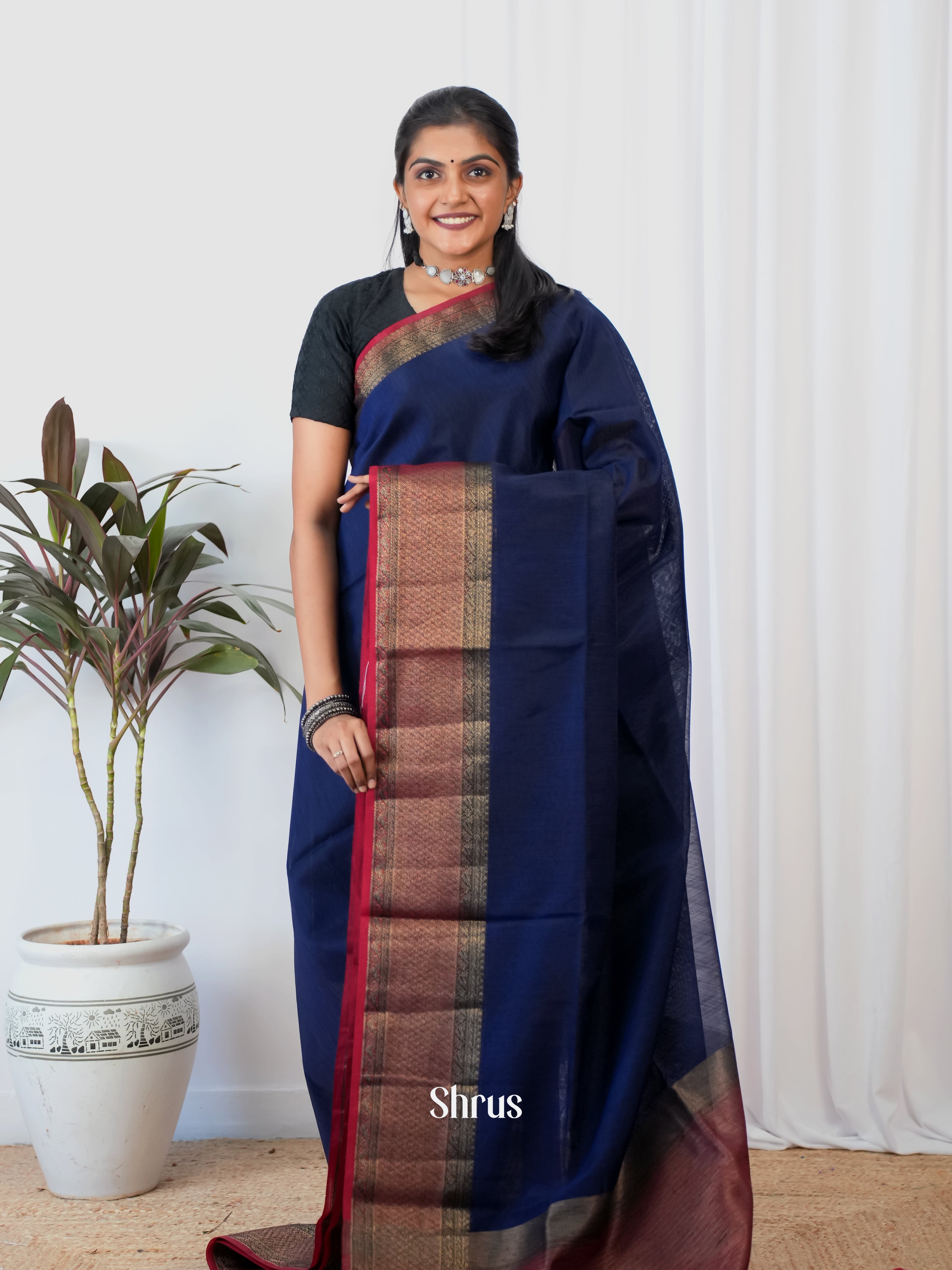 Blue & Maroon - Semi Jute Saree - Shop on Shrus.com