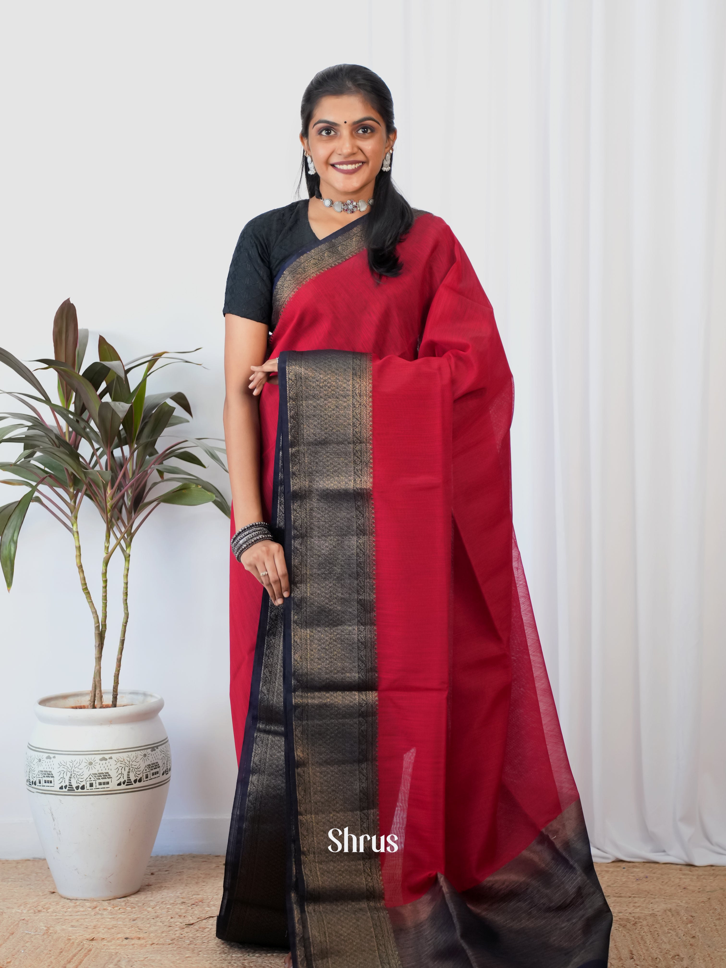 Red & Brown - Semi Jute Saree - Shop on Shrus.com