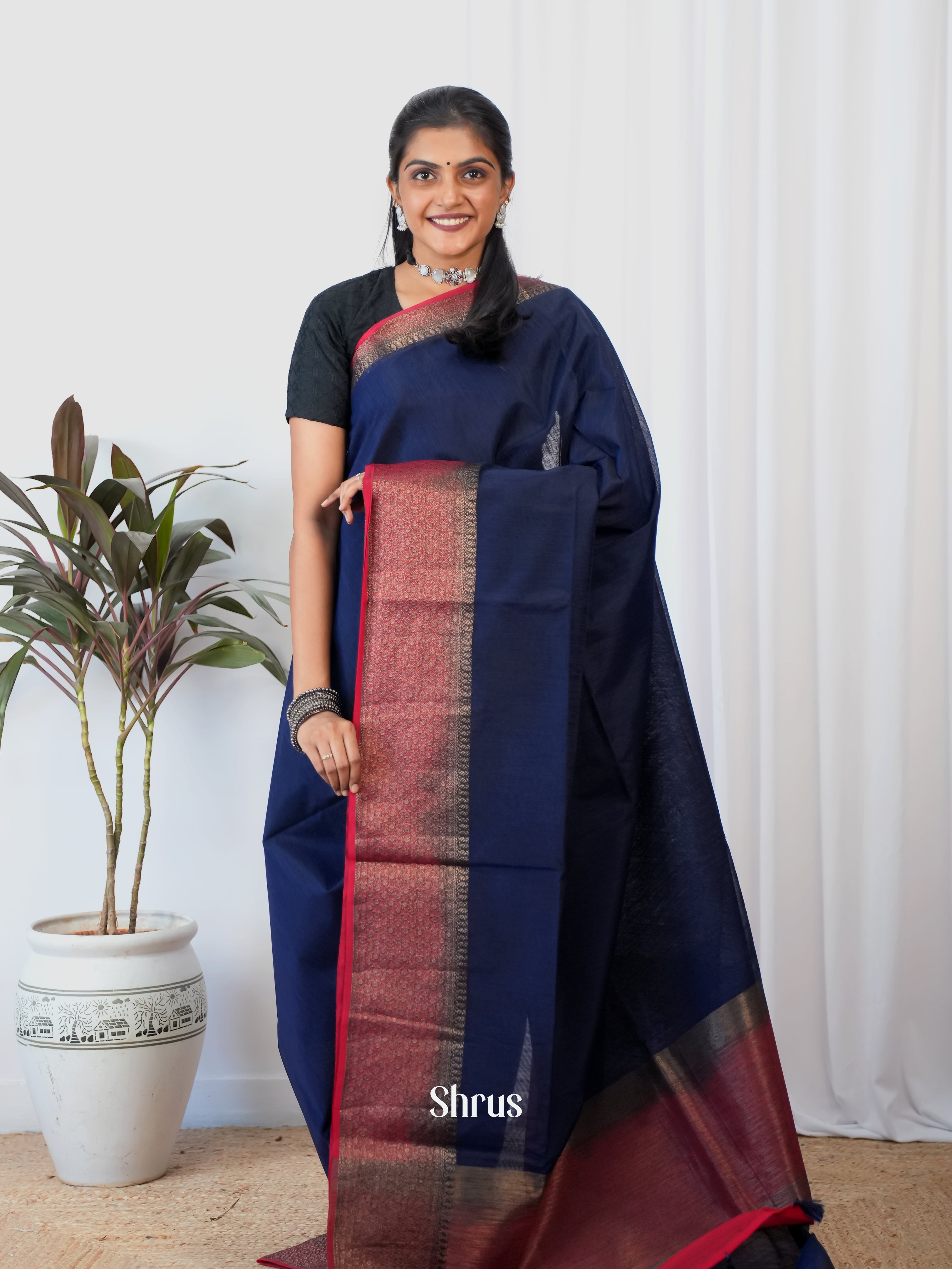Blue & Maroon - Semi Jute Saree - Shop on Shrus.com