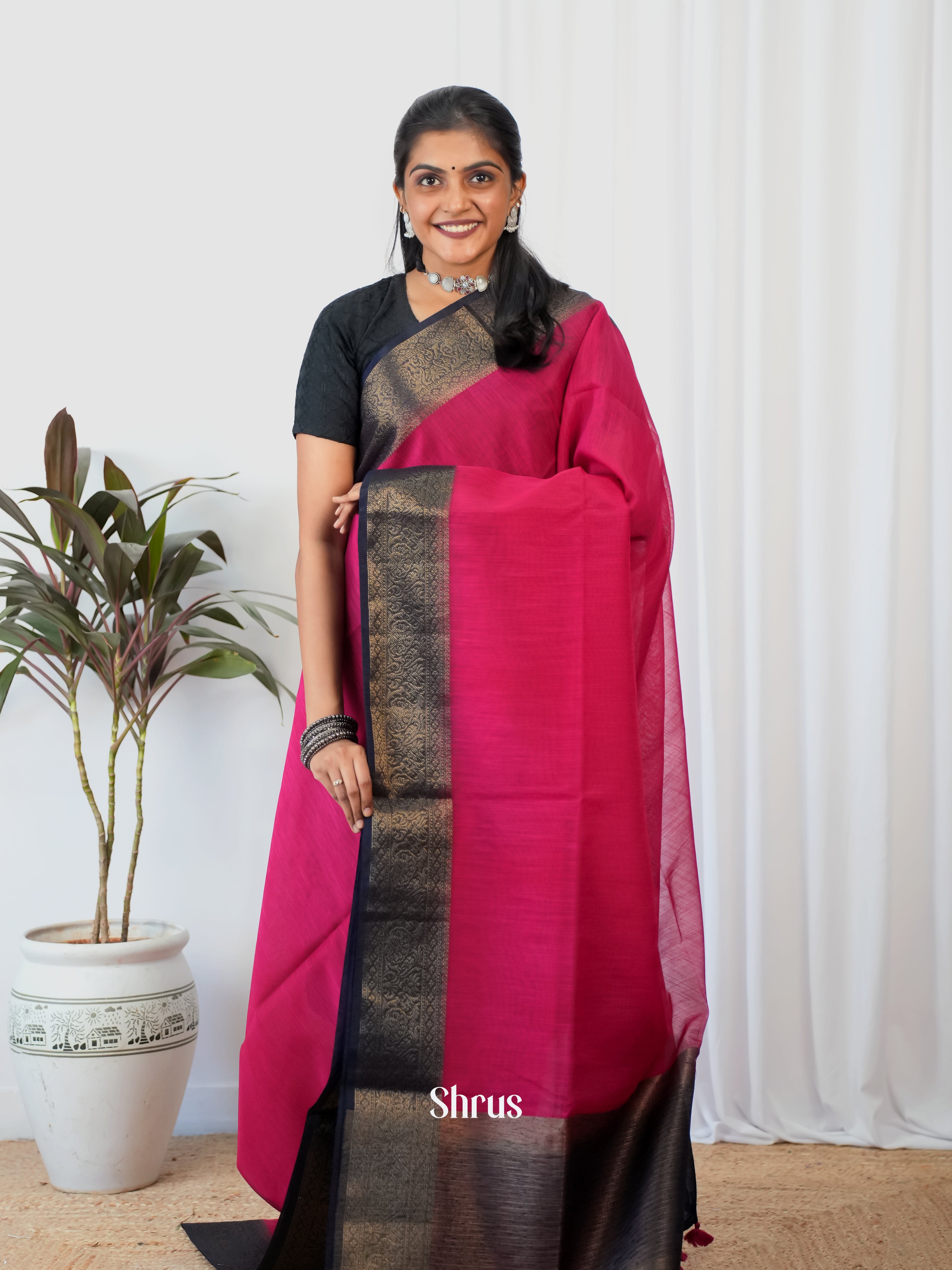 Pink & Violet- Semi Jute Saree - Shop on Shrus.com