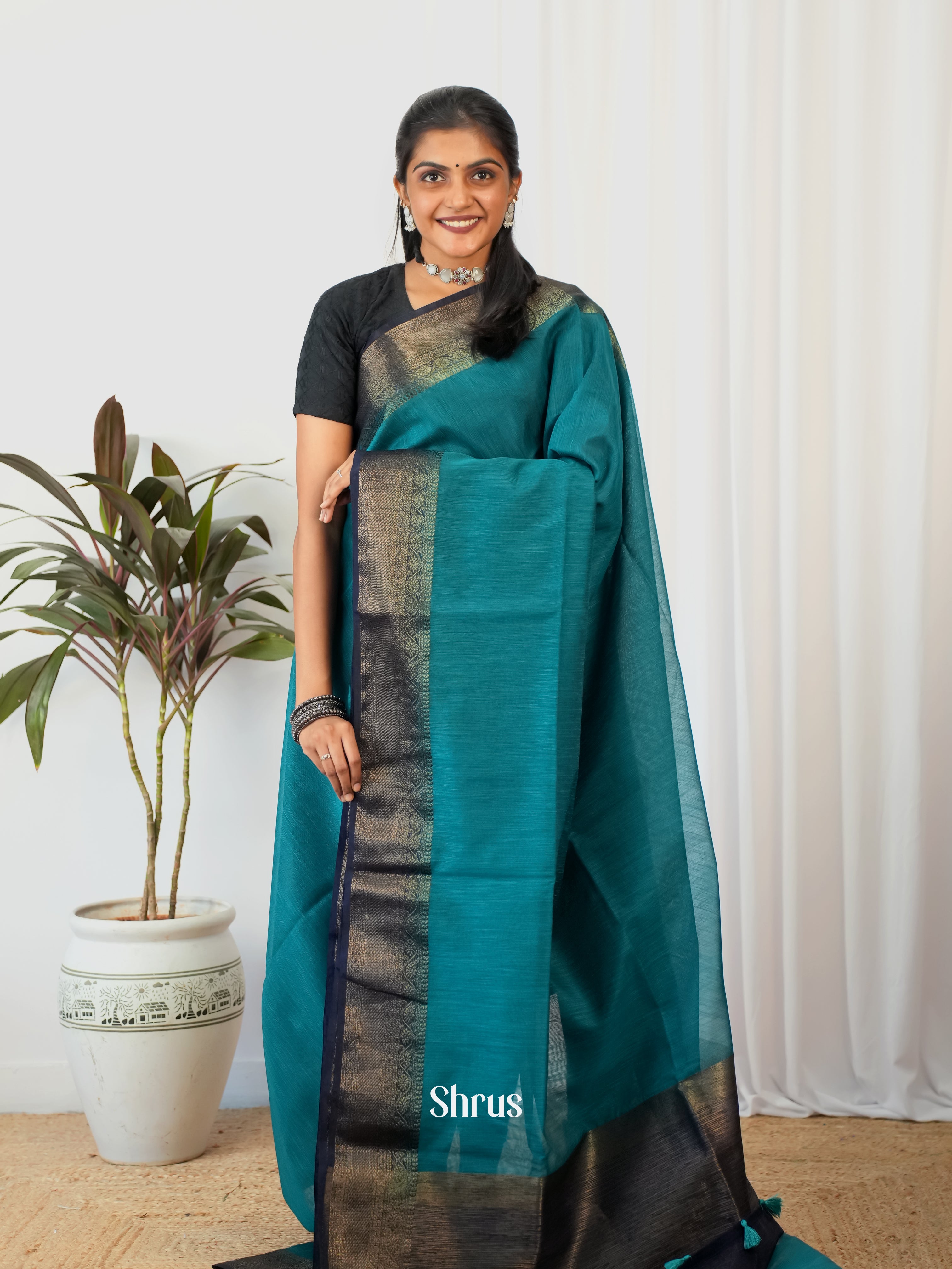 teal & Blue - Semi Jute Saree - Shop on Shrus.com