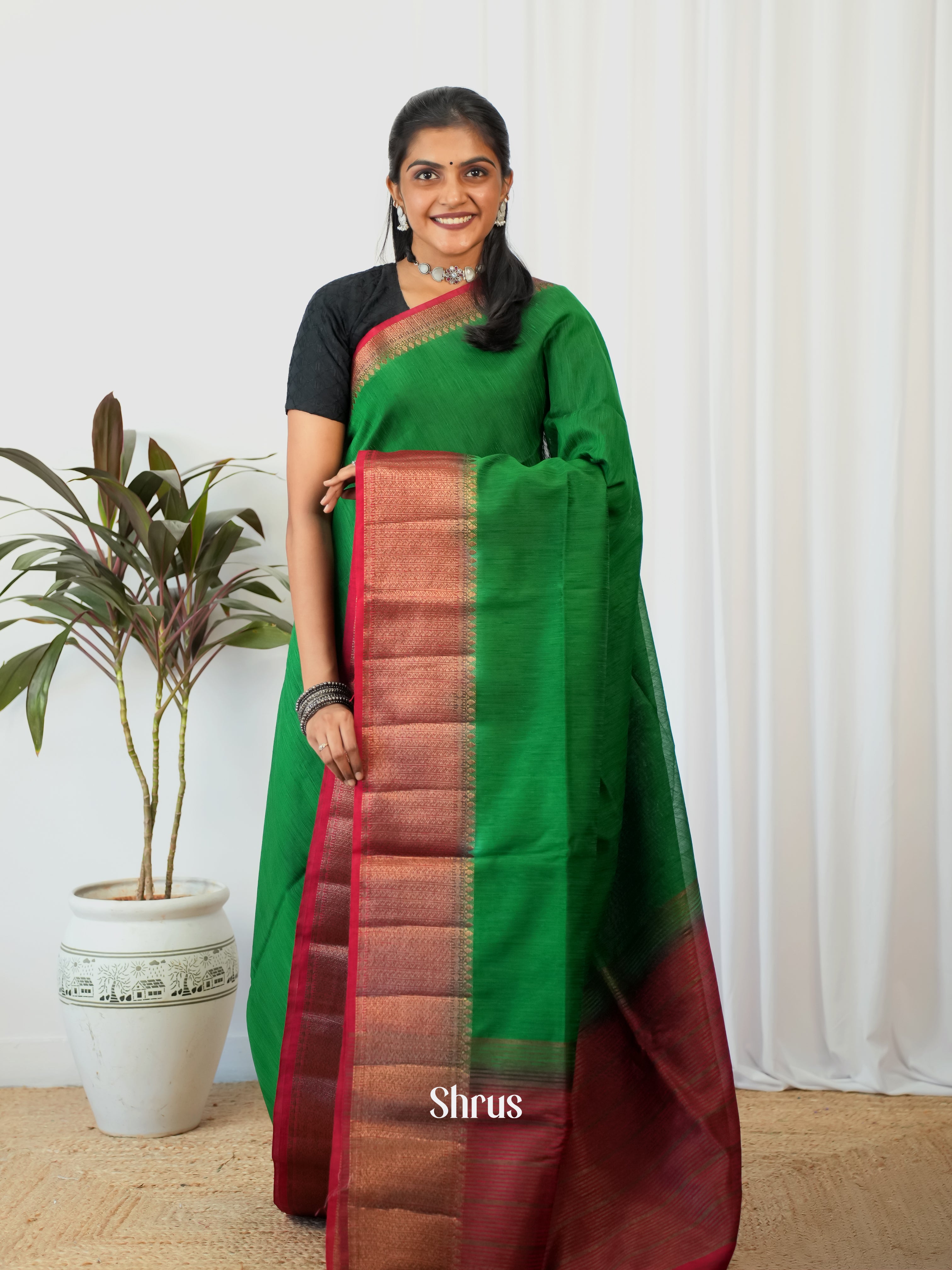 Green & Maroon- Semi Jute Saree - Shop on Shrus.com