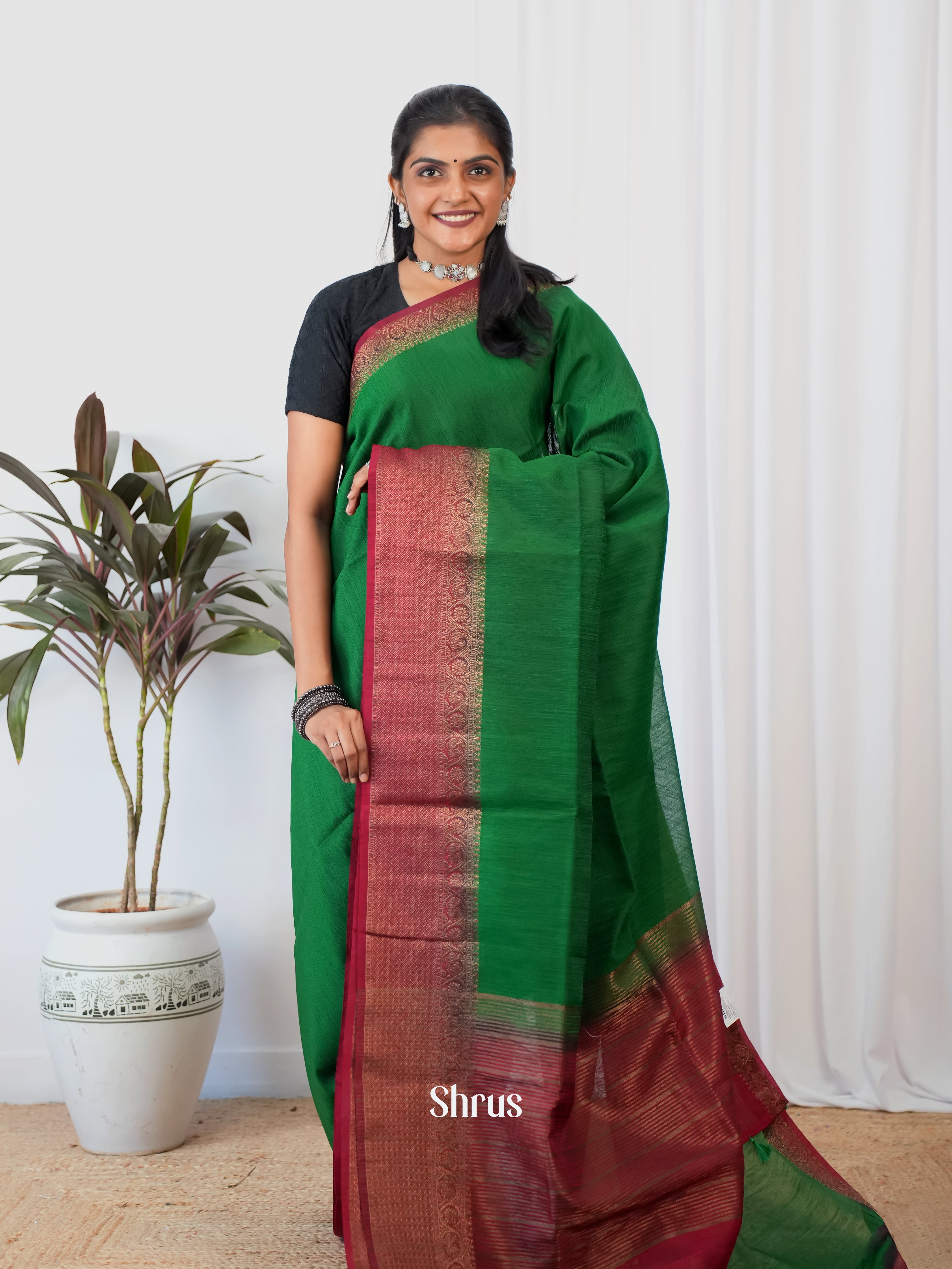 Green & Maroon- Semi Jute Saree - Shop on Shrus.com