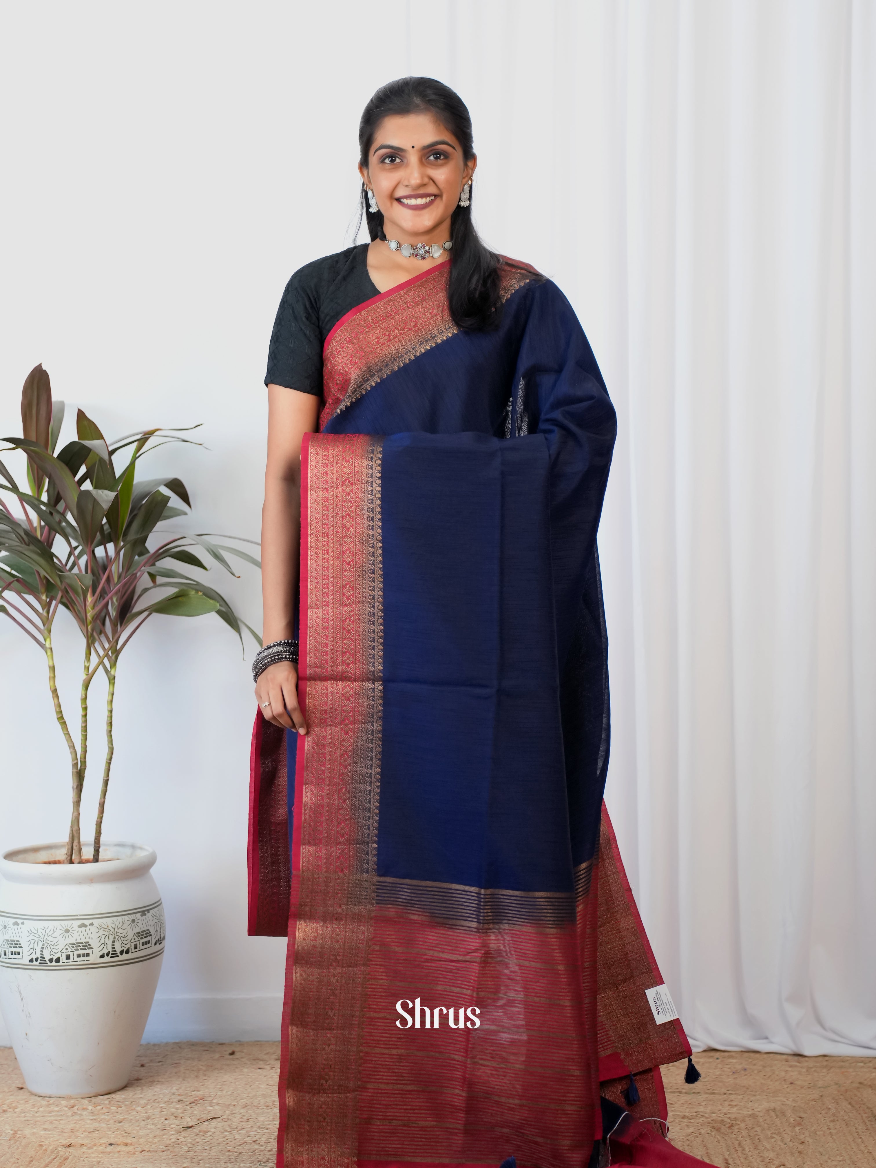 Blue & Maroon - Semi Jute Saree - Shop on Shrus.com