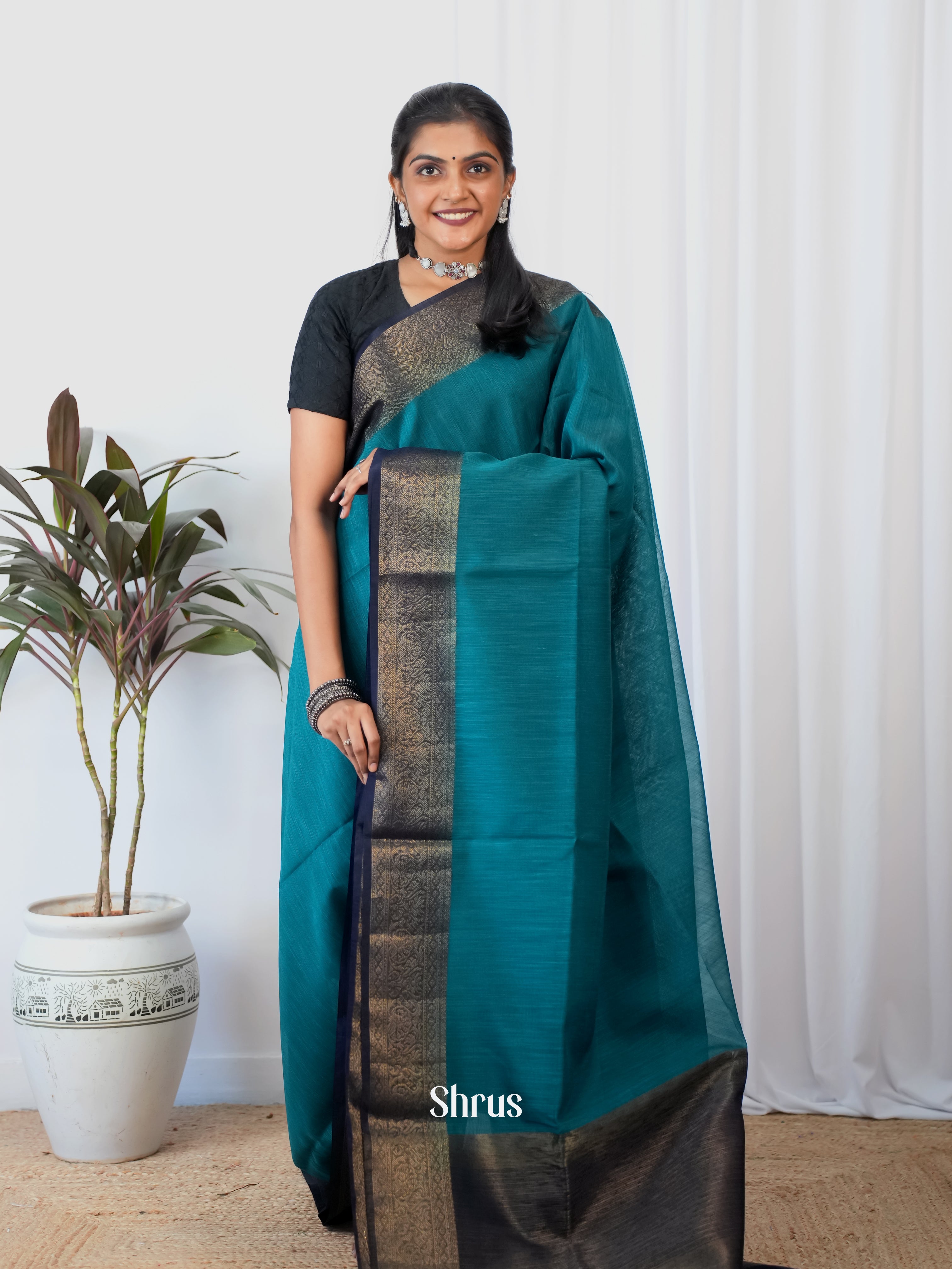 Teal & Blue - Semi Jute Saree - Shop on Shrus.com