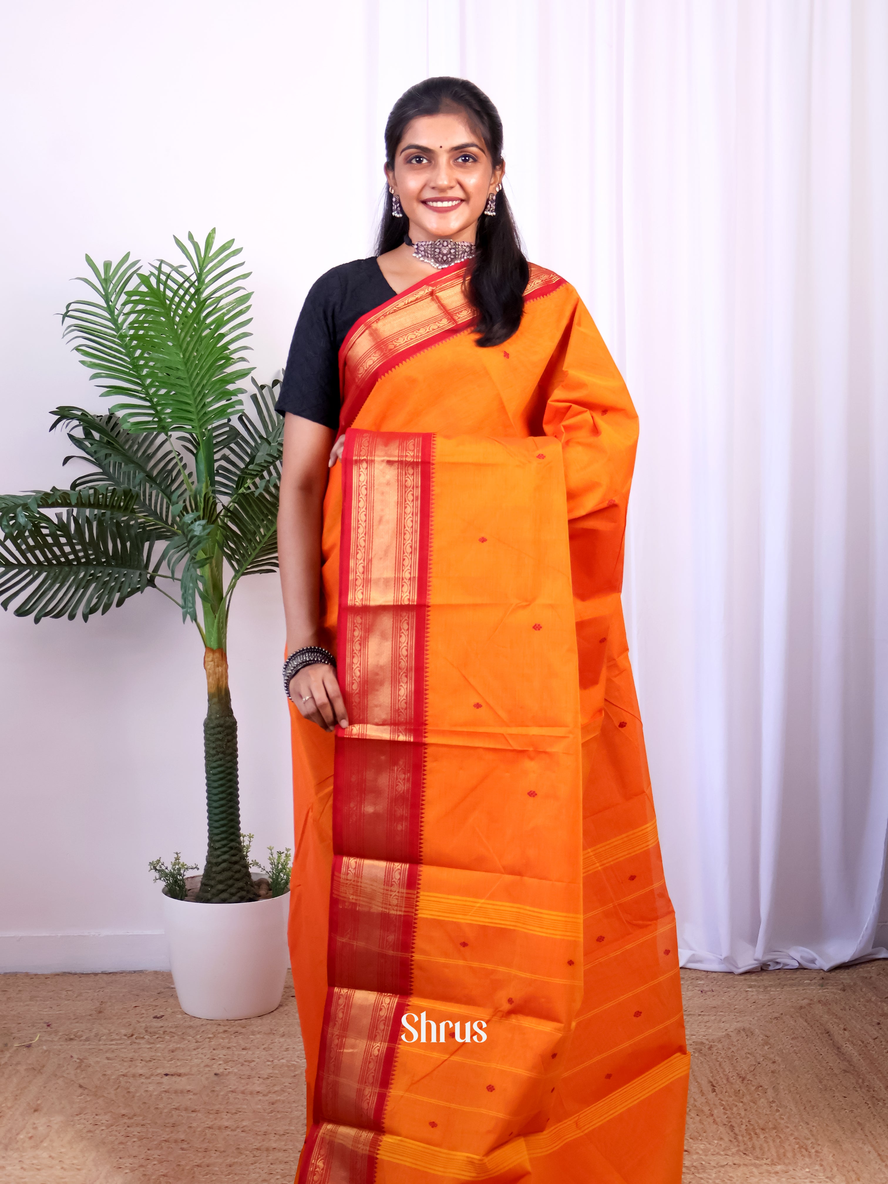 Orange & Red - Chettinad Cotton Saree - Shop on Shrus.com