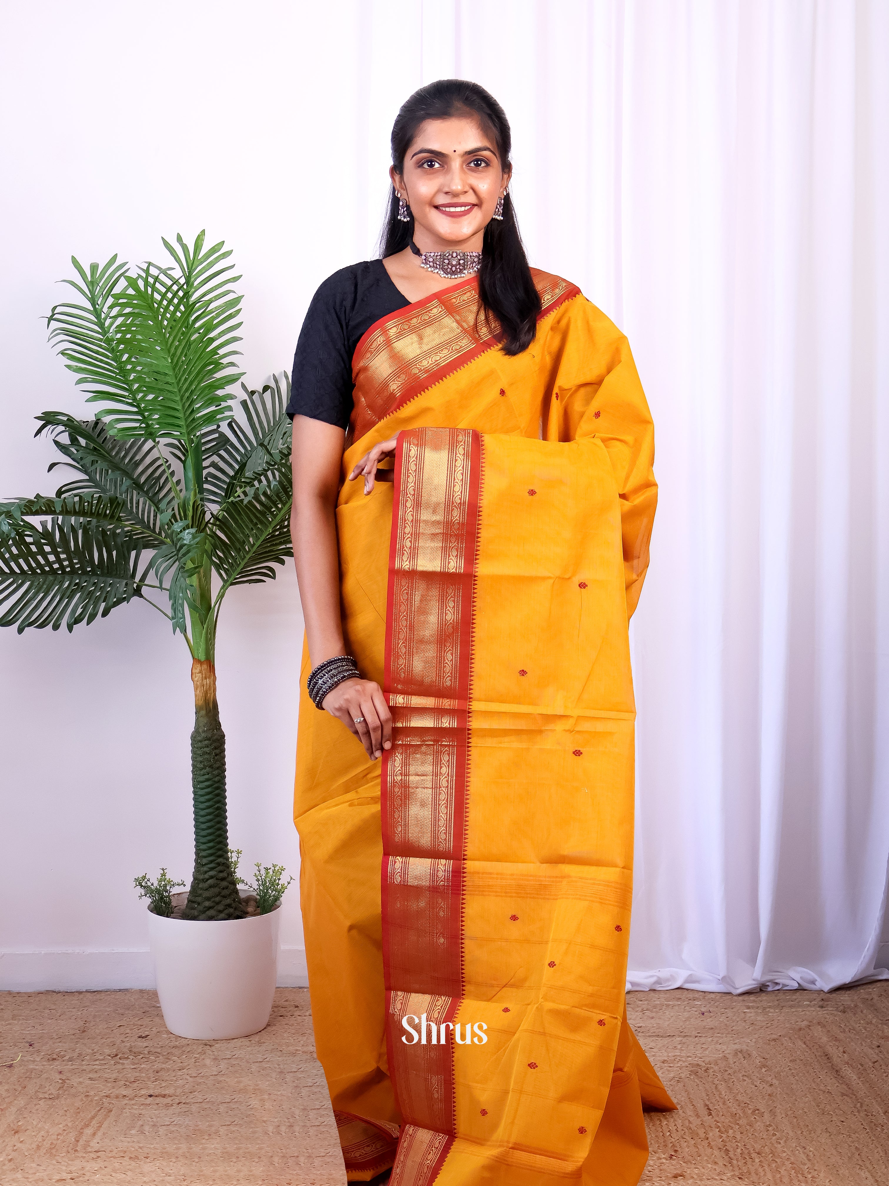 Yellow & REd - Chettinad Cotton Saree - Shop on Shrus.com