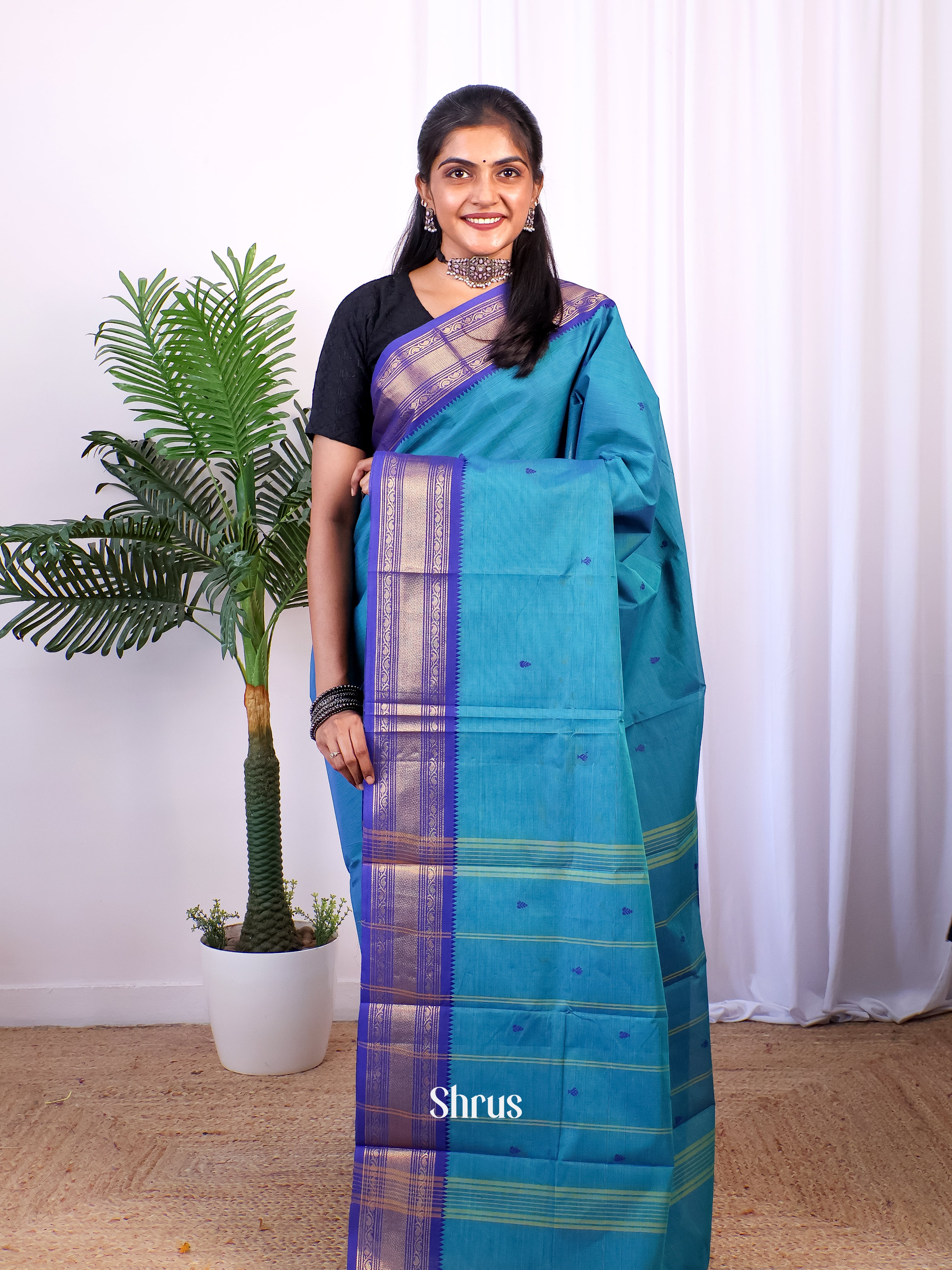 Teal & Blue- Chettinad Cotton Saree - Shop on Shrus.com