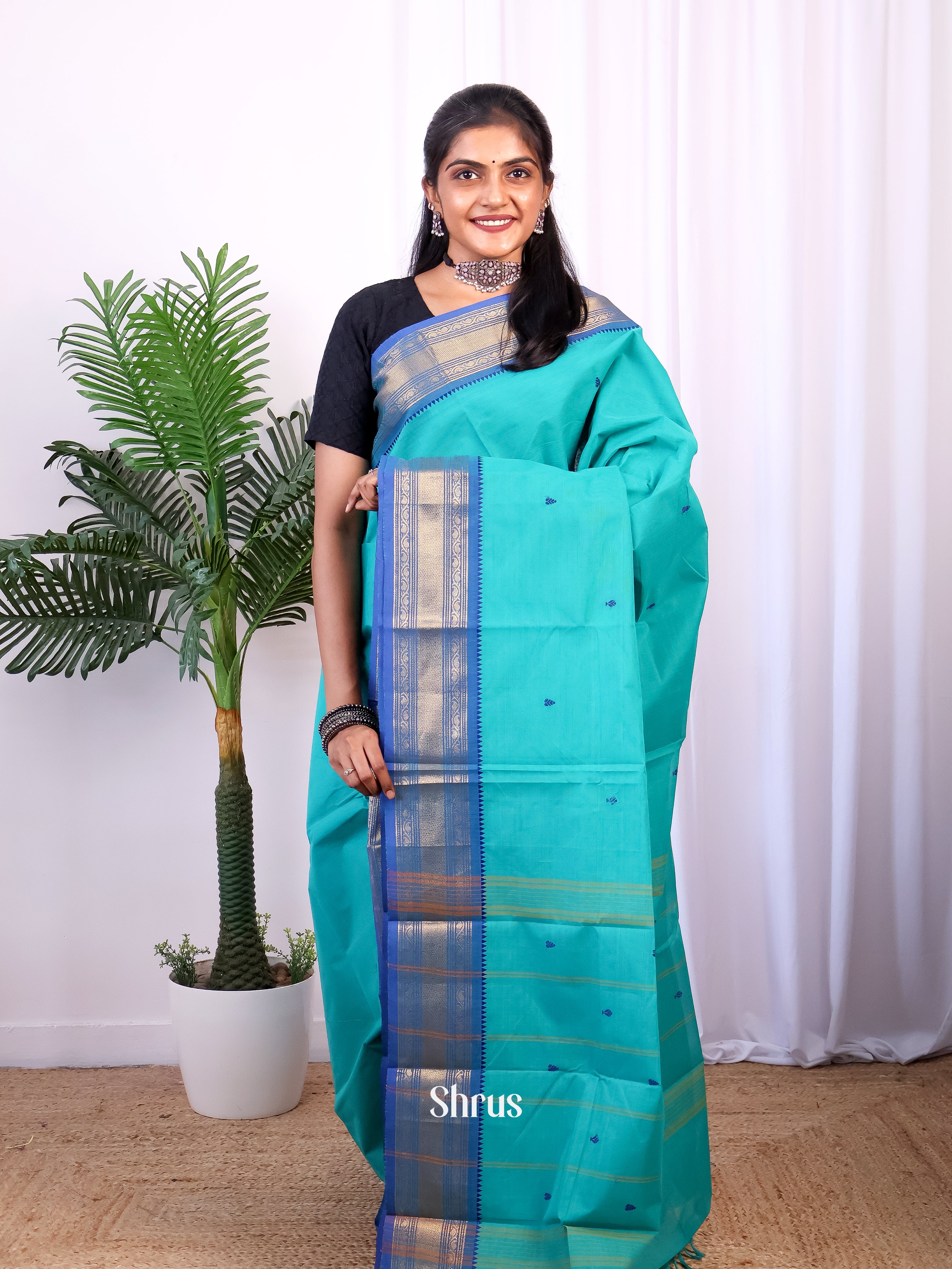 Teal & Blue - Chettinad Cotton Saree - Shop on Shrus.com