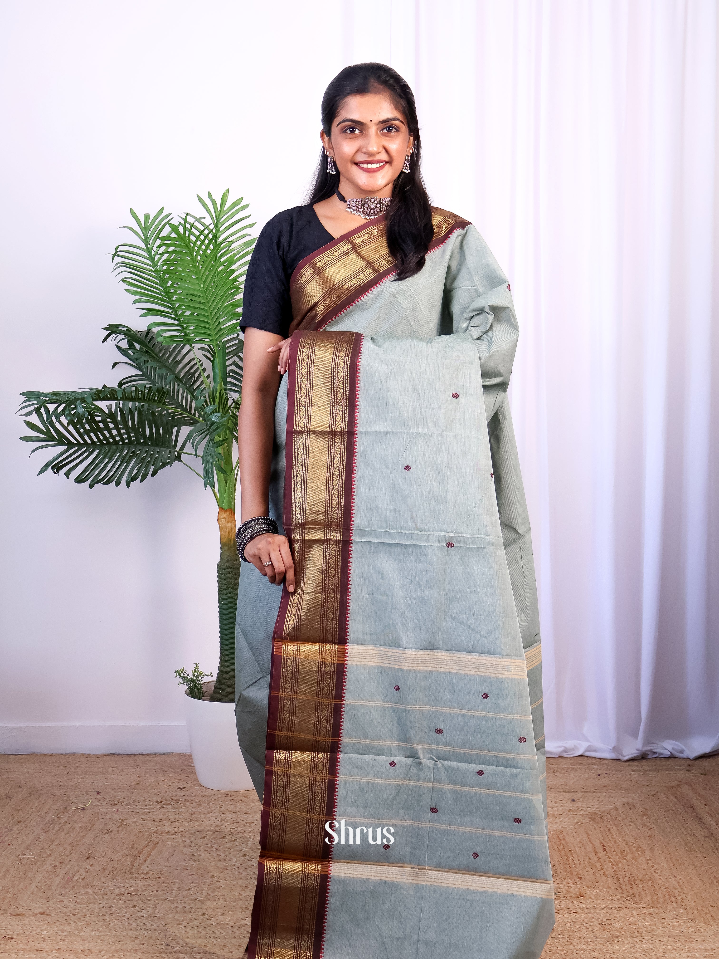 Grey & Brown - Chettinad Cotton Saree - Shop on Shrus.com