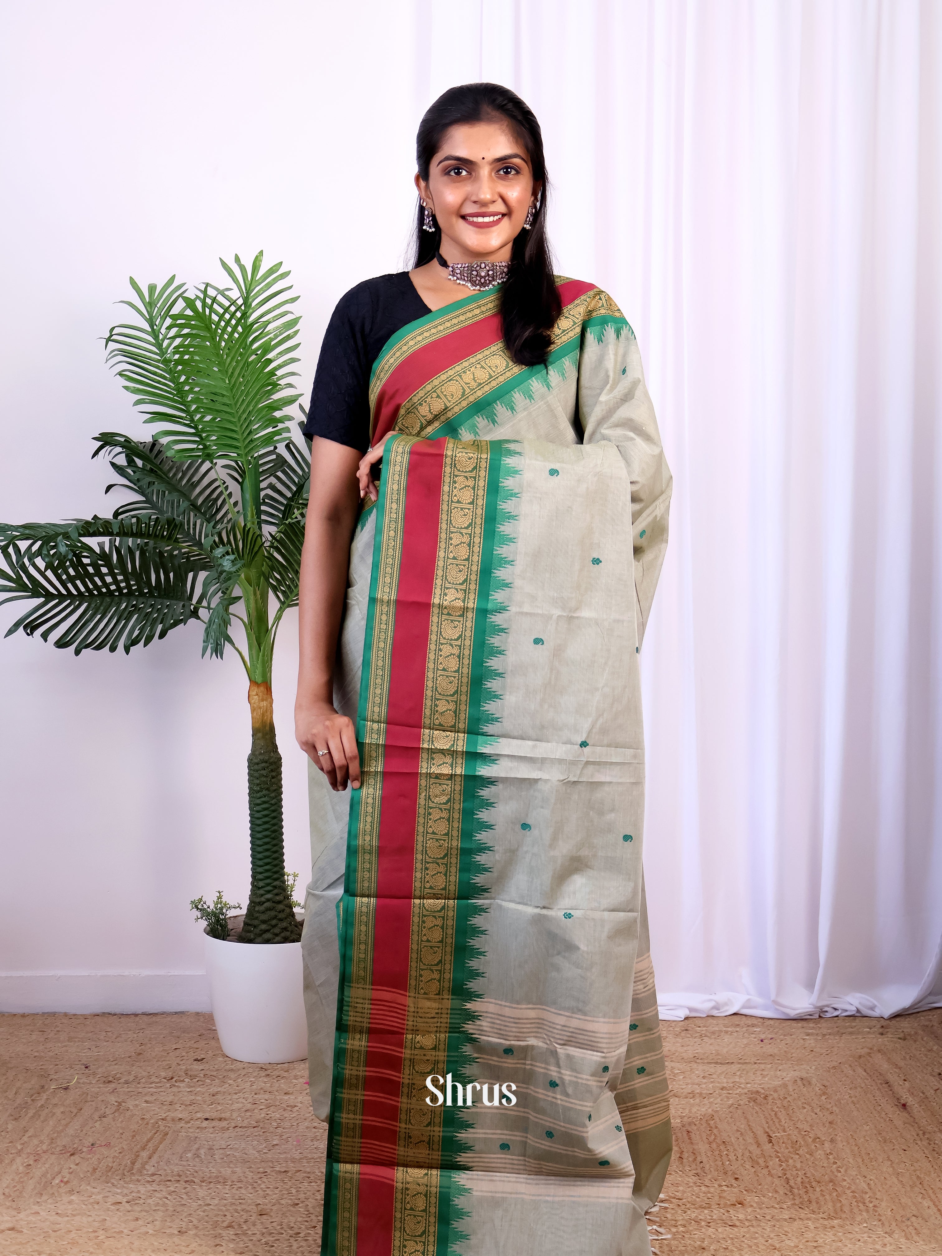 Grey & Green - Chettinad Cotton Saree - Shop on Shrus.com