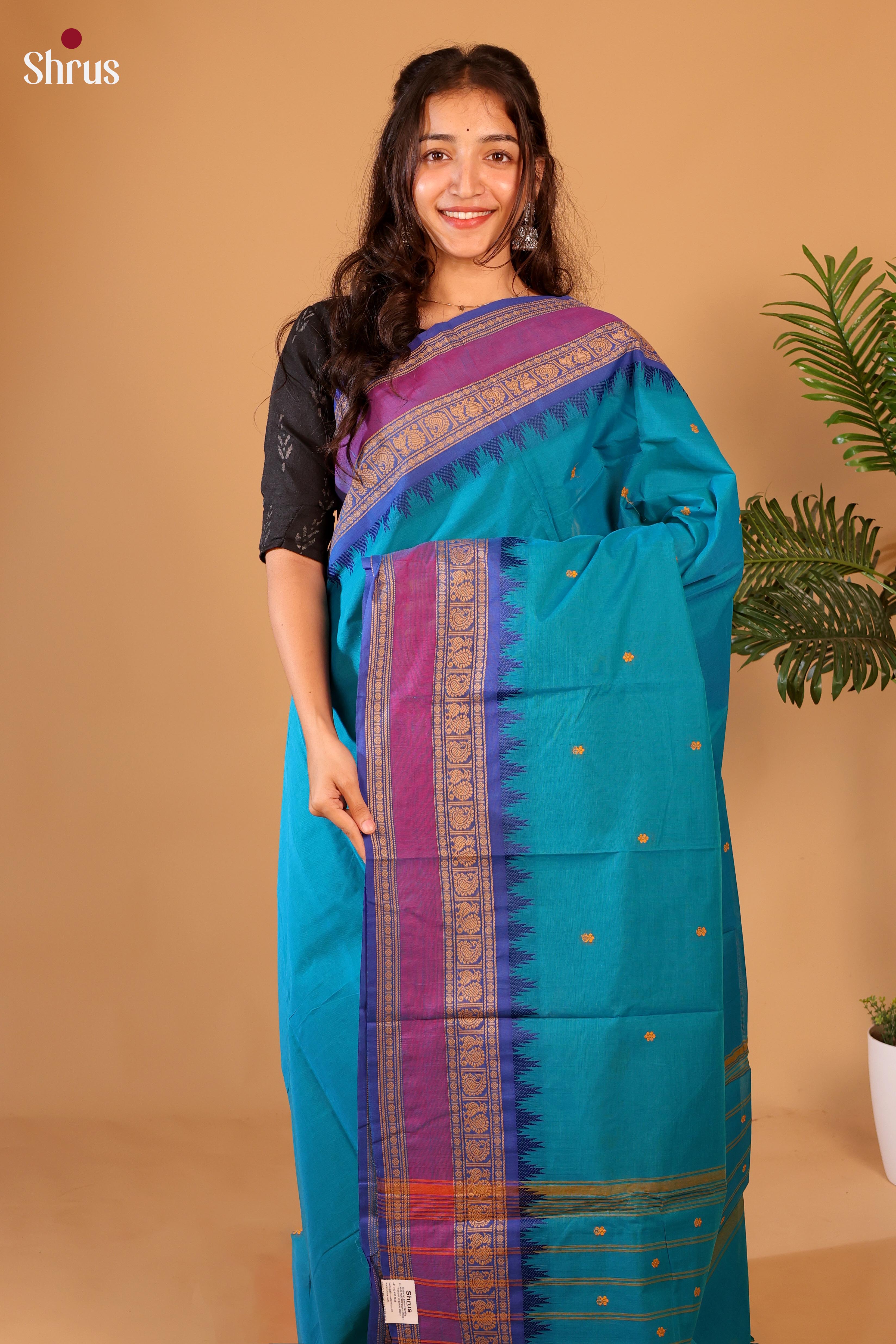 Teal & Blue - Chettinad Cotton Saree - Shop on Shrus.com
