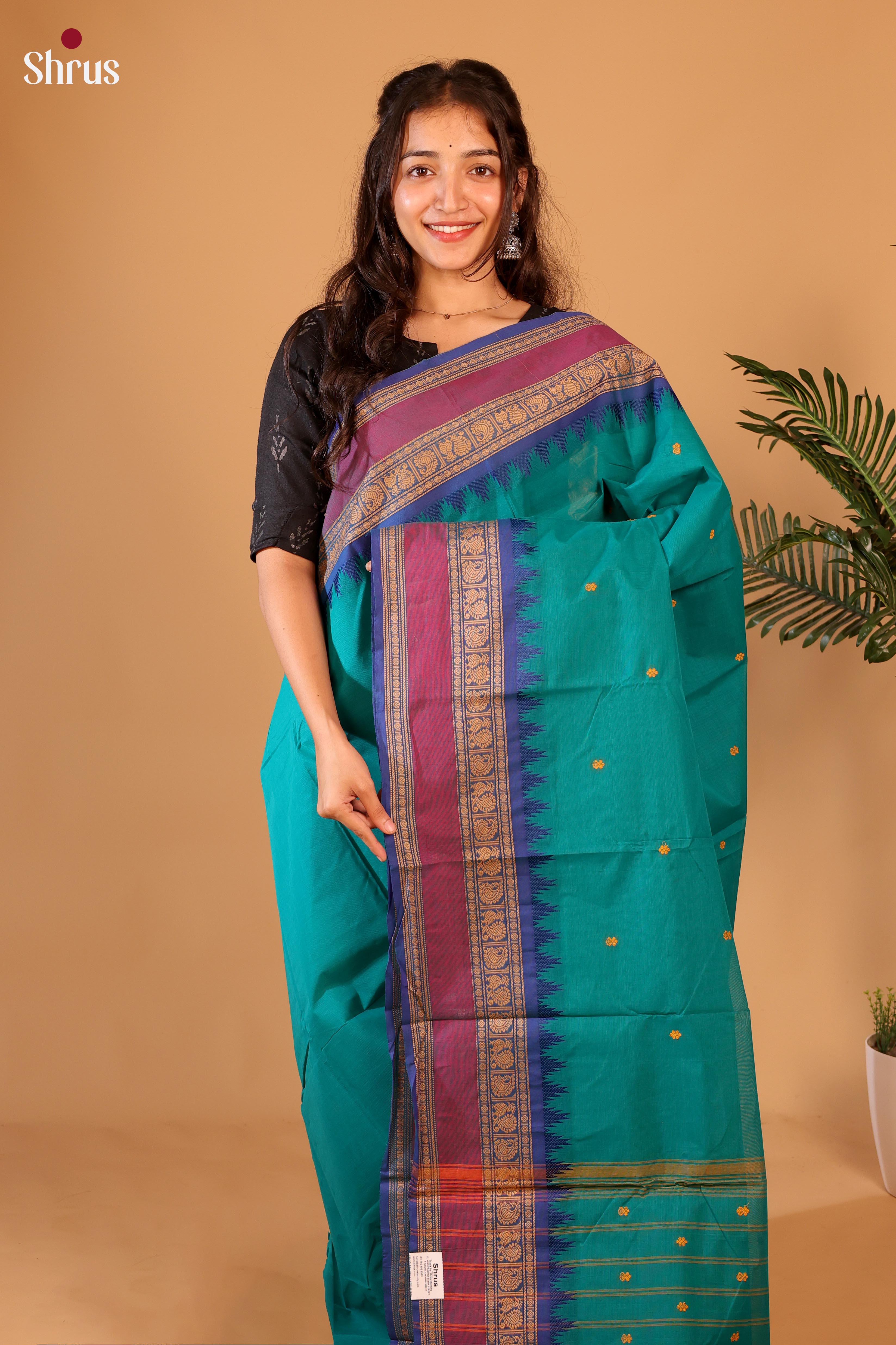 Teal & Blue - Chettinad Cotton Saree - Shop on Shrus.com