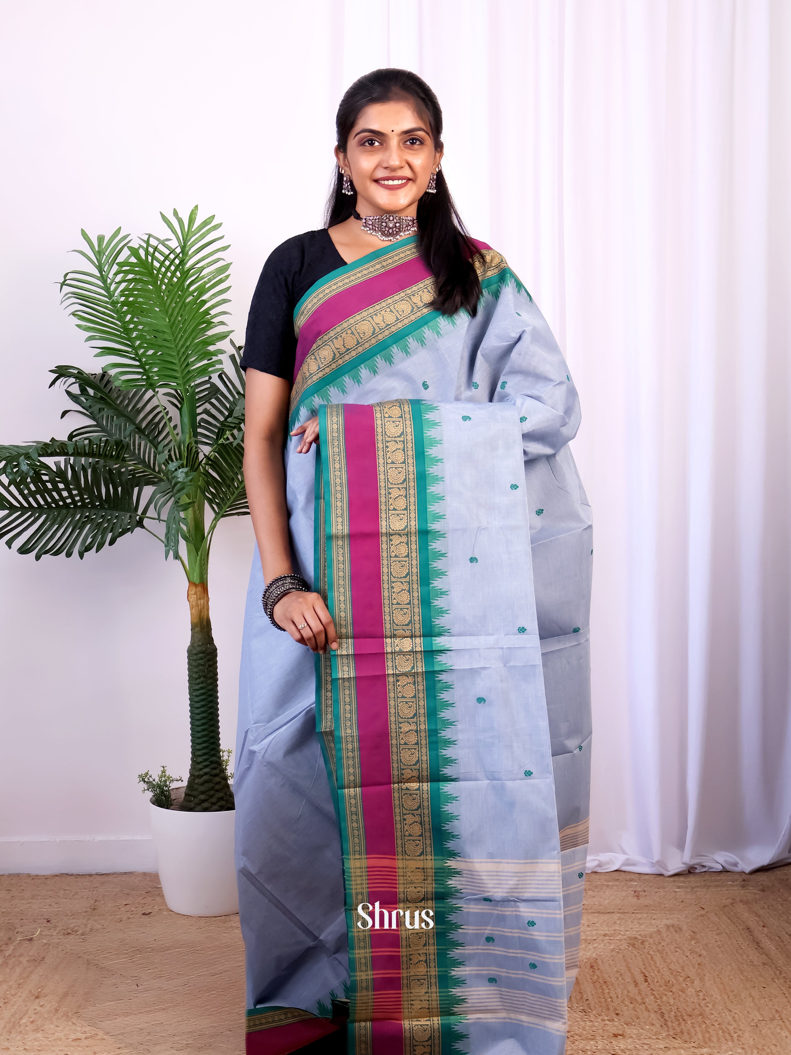 Grey & Green - Chettinad Cotton Saree - Shop on Shrus.com