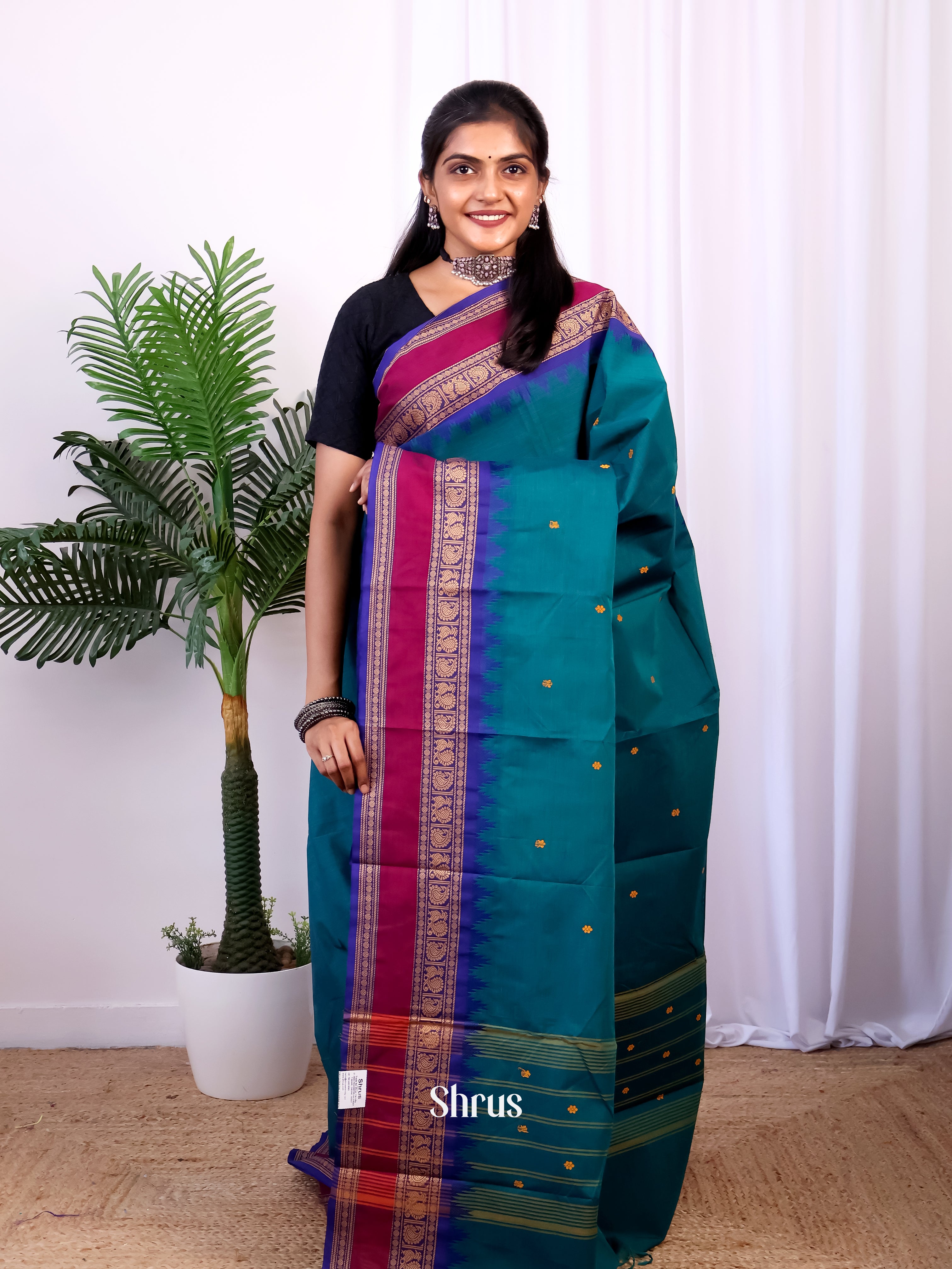 Teal & Blue - Chettinad Cotton Saree - Shop on Shrus.com