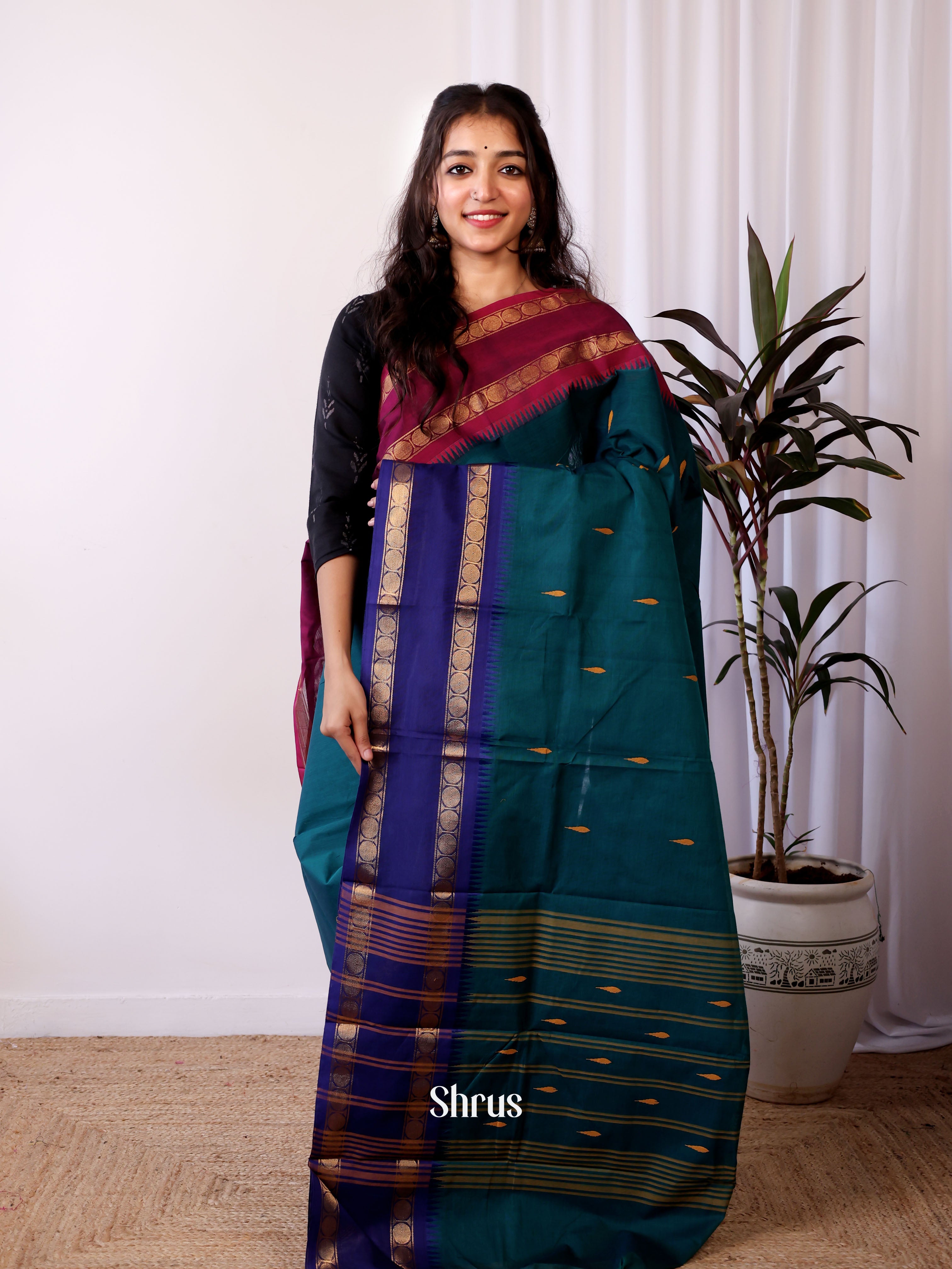 Peacock Blue & Maroon - Chettinad Cotton Saree - Shop on Shrus.com