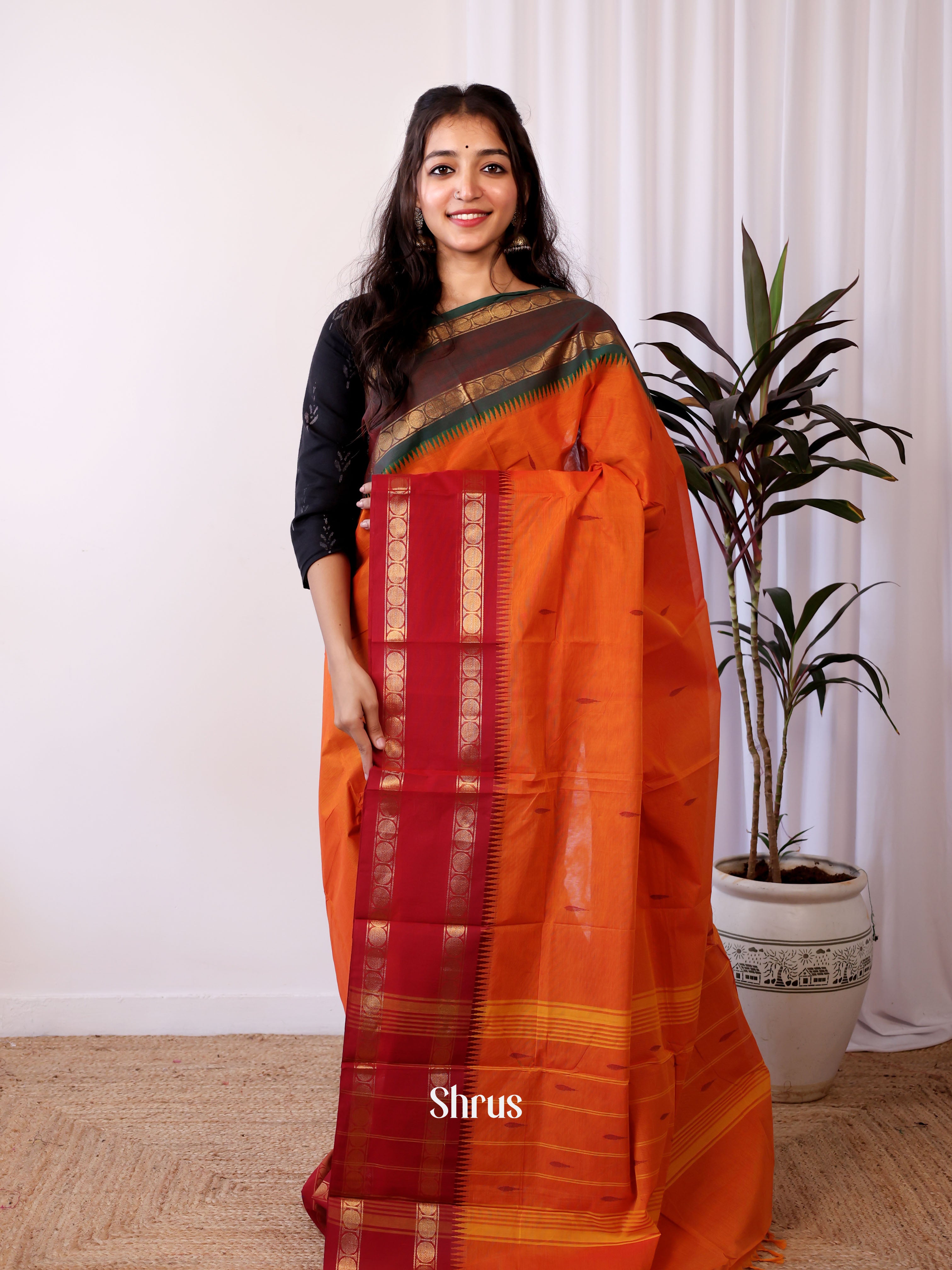Orange & Red - Chettinad Cotton Saree - Shop on Shrus.com
