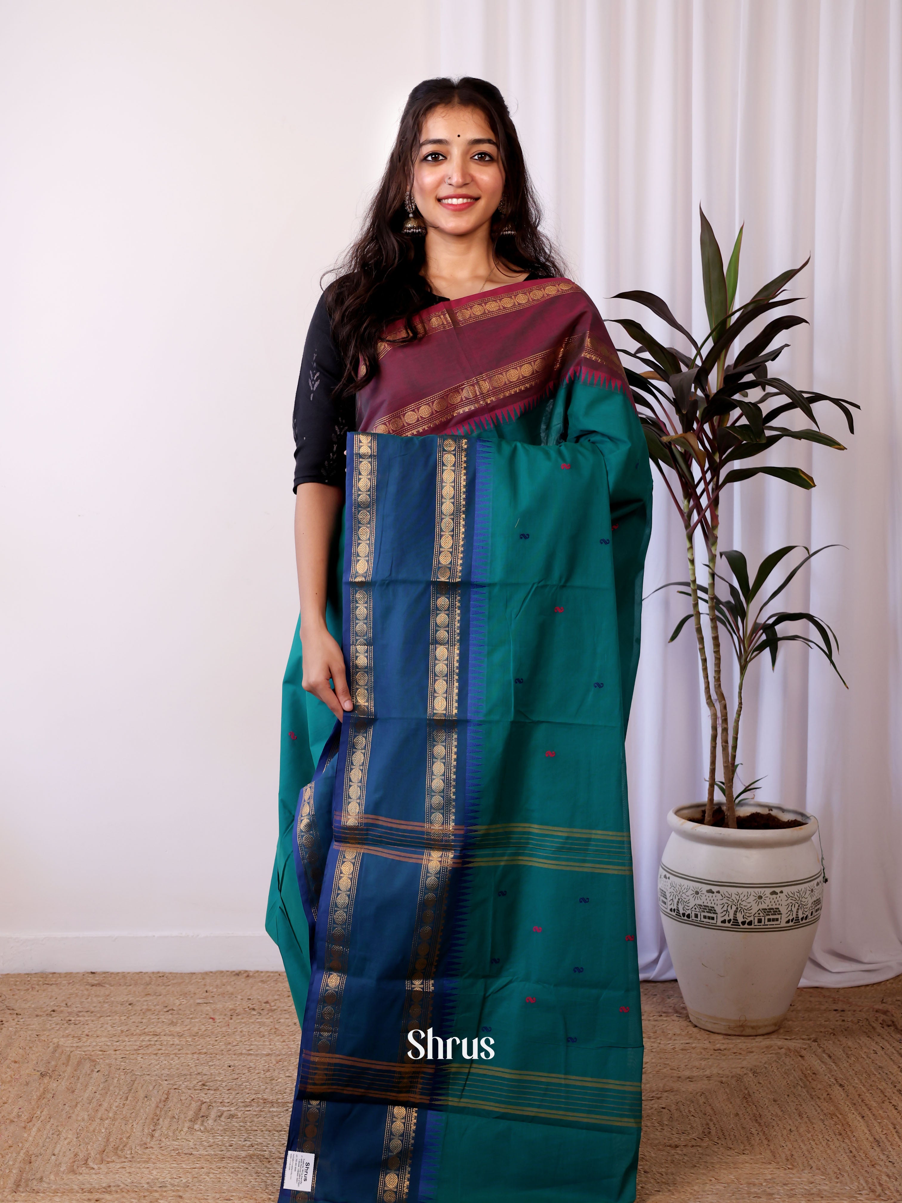 Teal & Blue - Chettinad Cotton Saree - Shop on Shrus.com