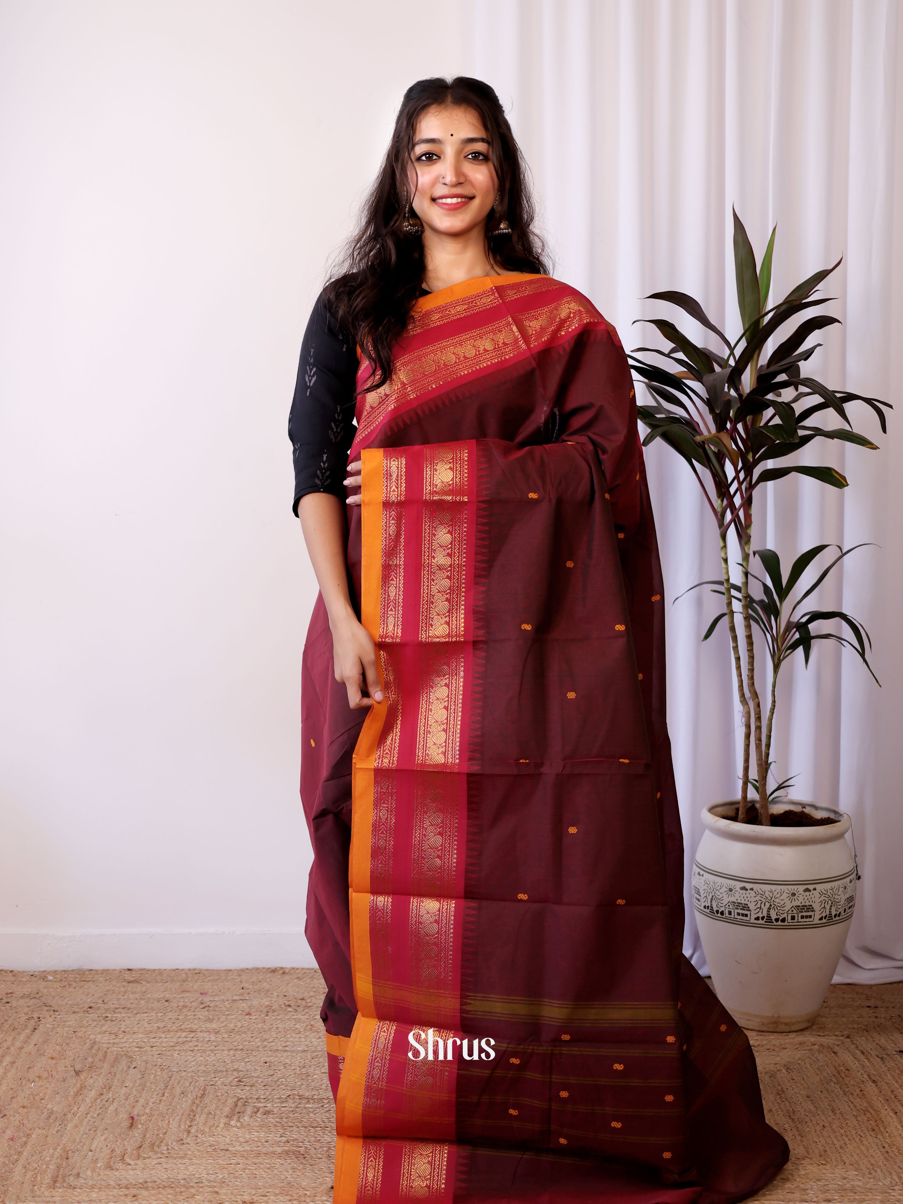 Brown & Red - Chettinad Cotton Saree - Shop on Shrus.com
