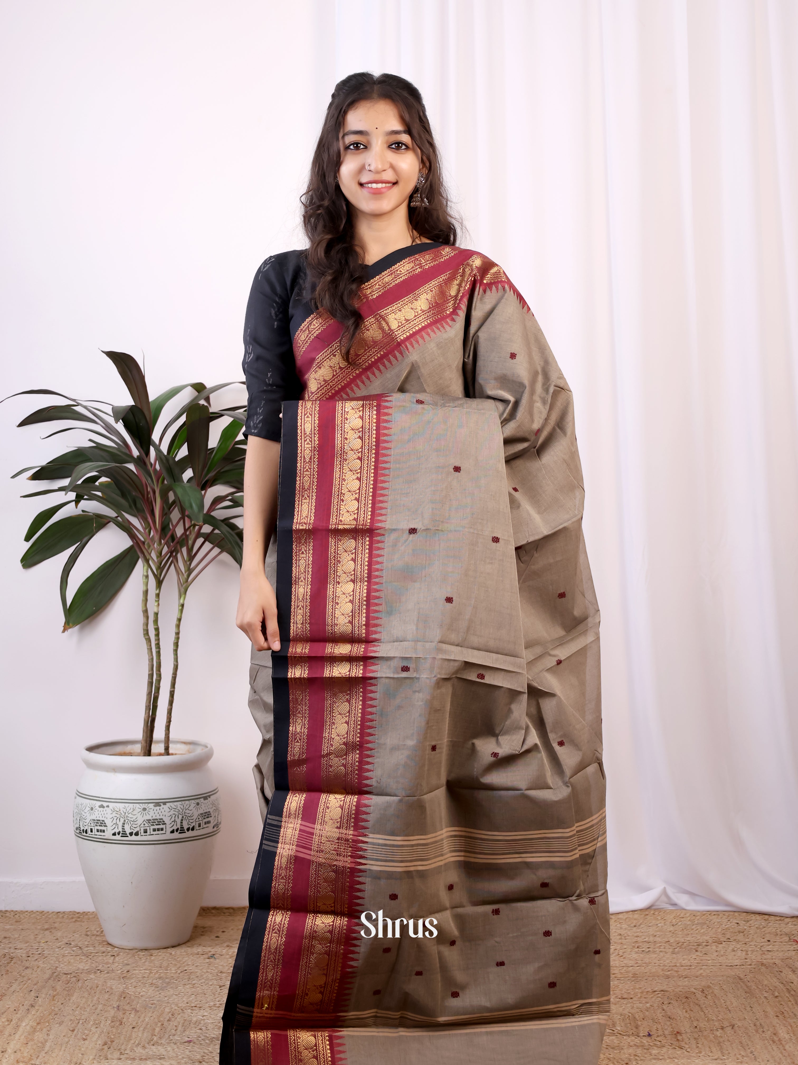 Grey & Maroon - Chettinad Cotton Saree - Shop on Shrus.com