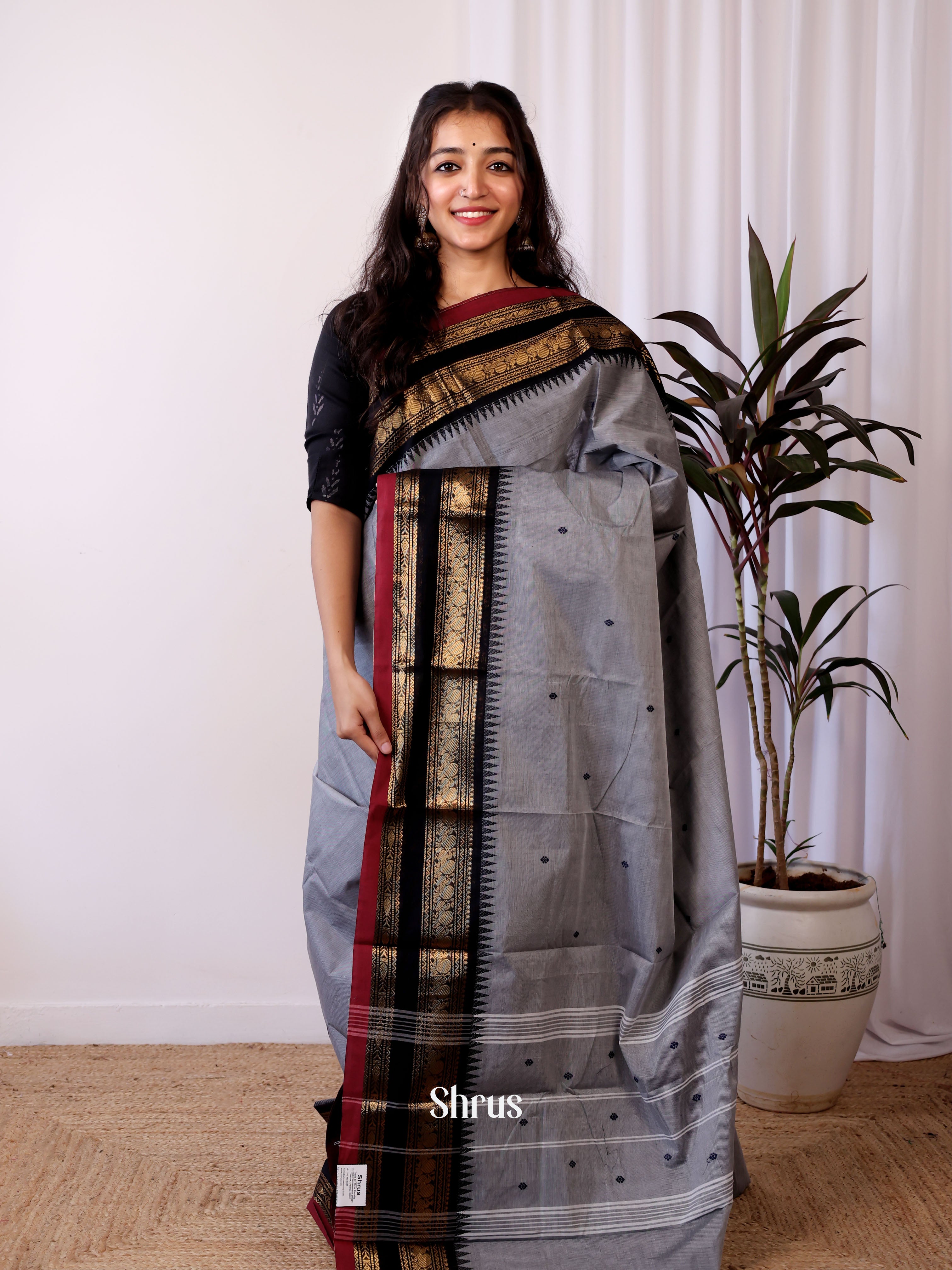 Grey & Black - Chettinad Cotton Saree - Shop on Shrus.com