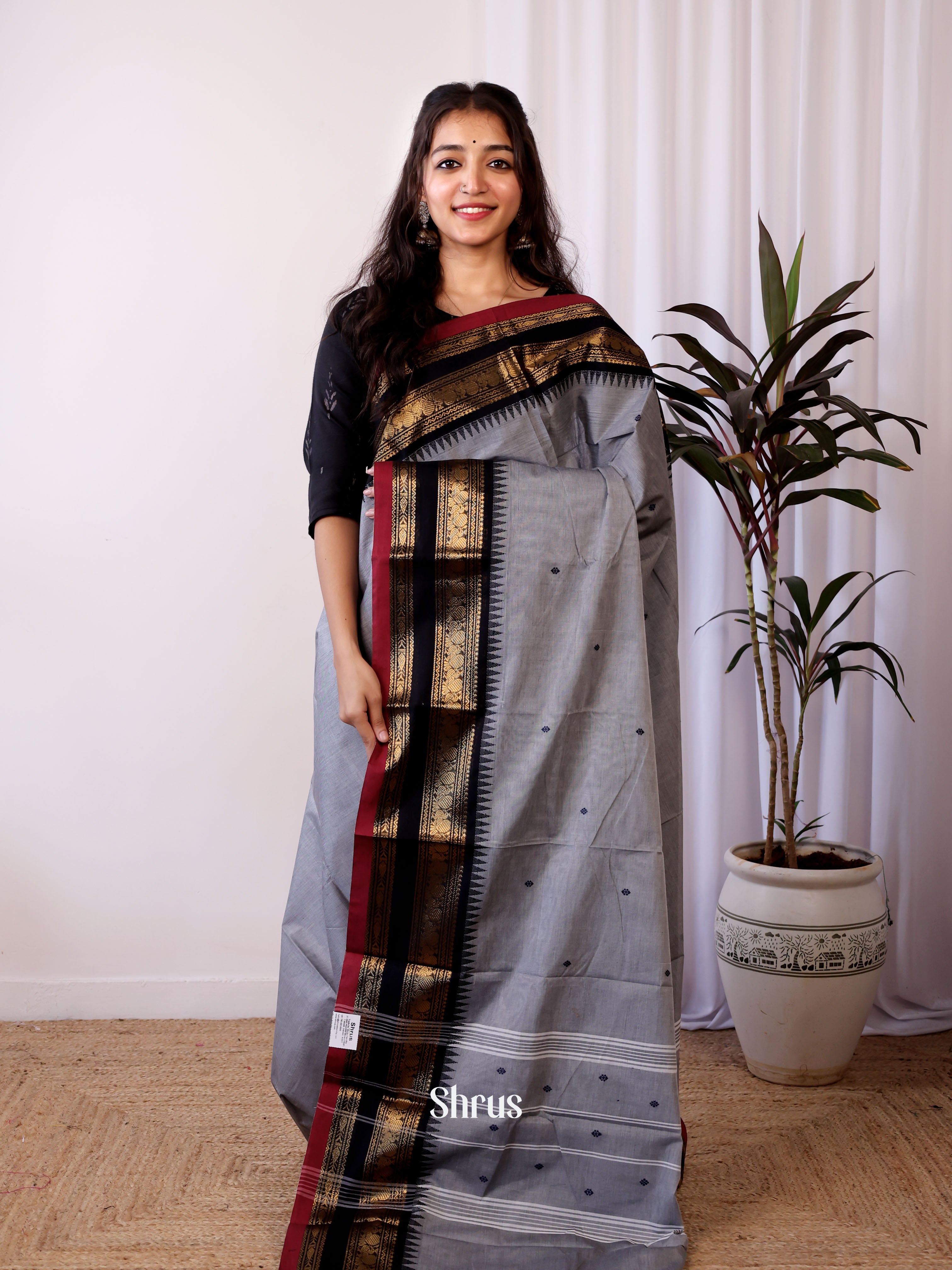 Grey & Black - Chettinad Cotton Saree - Shop on Shrus.com